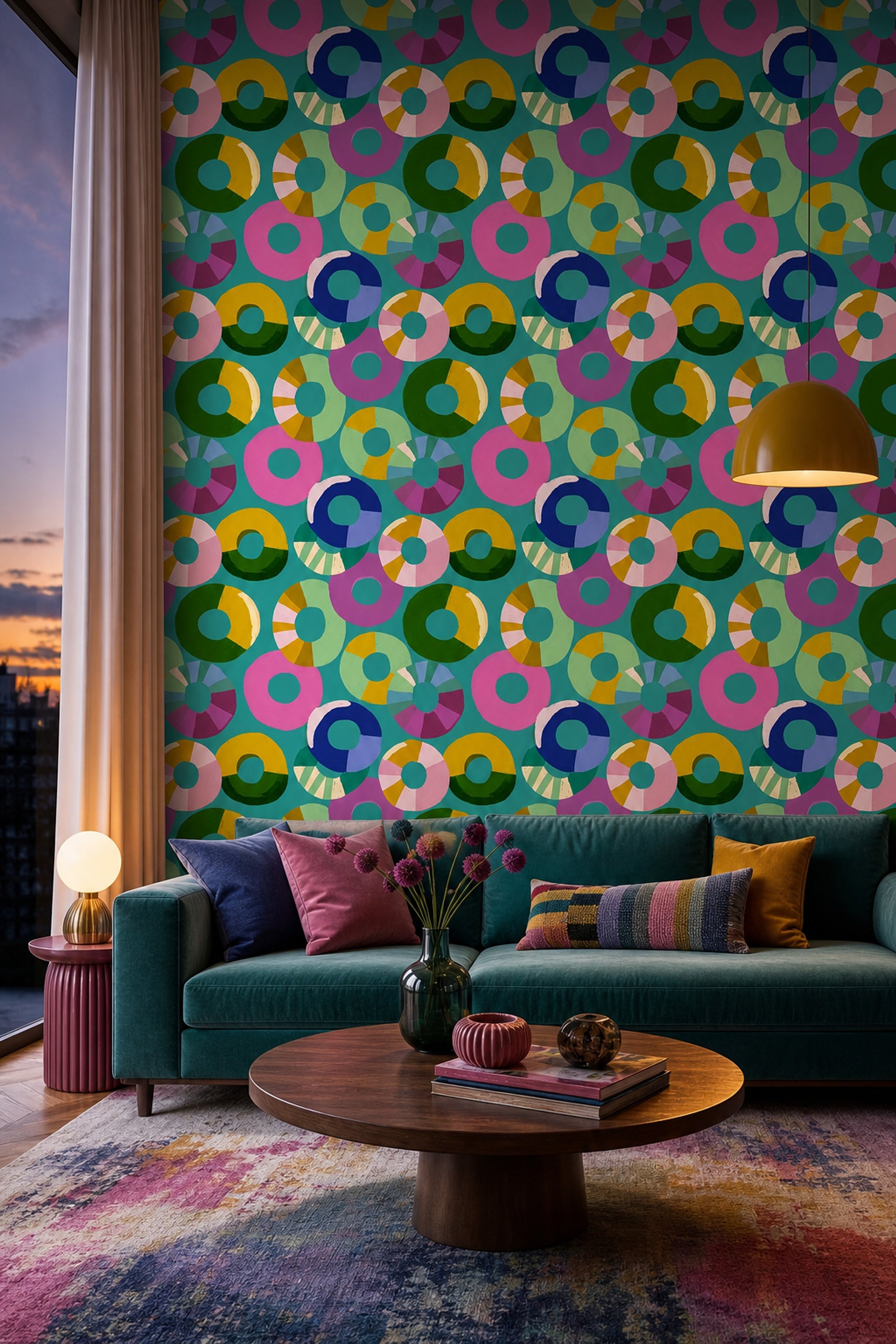 Renkli Daire Desenli Duvar Kağıdı Modern Salon Dekoru