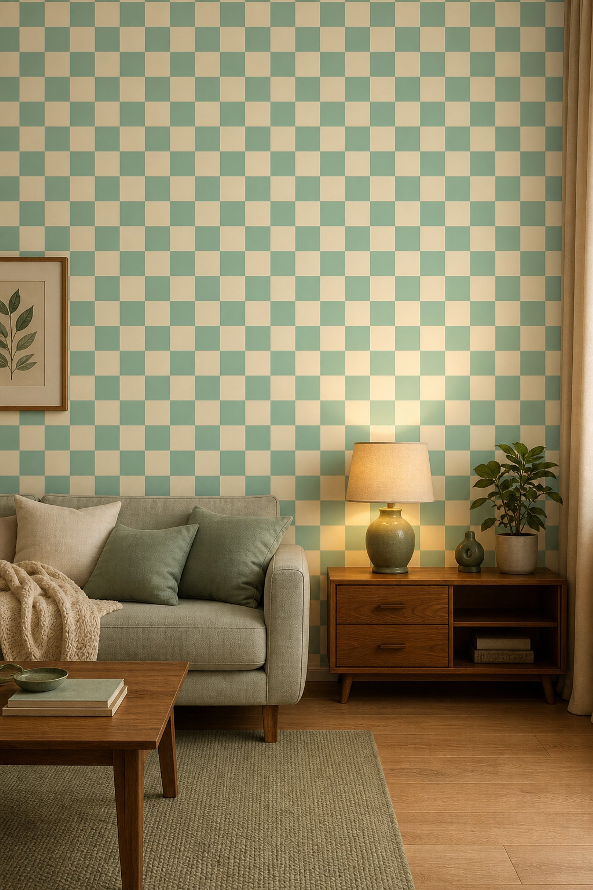 Mint Yeşil Kareli Duvar Kağıdı Modern Salon Deseni