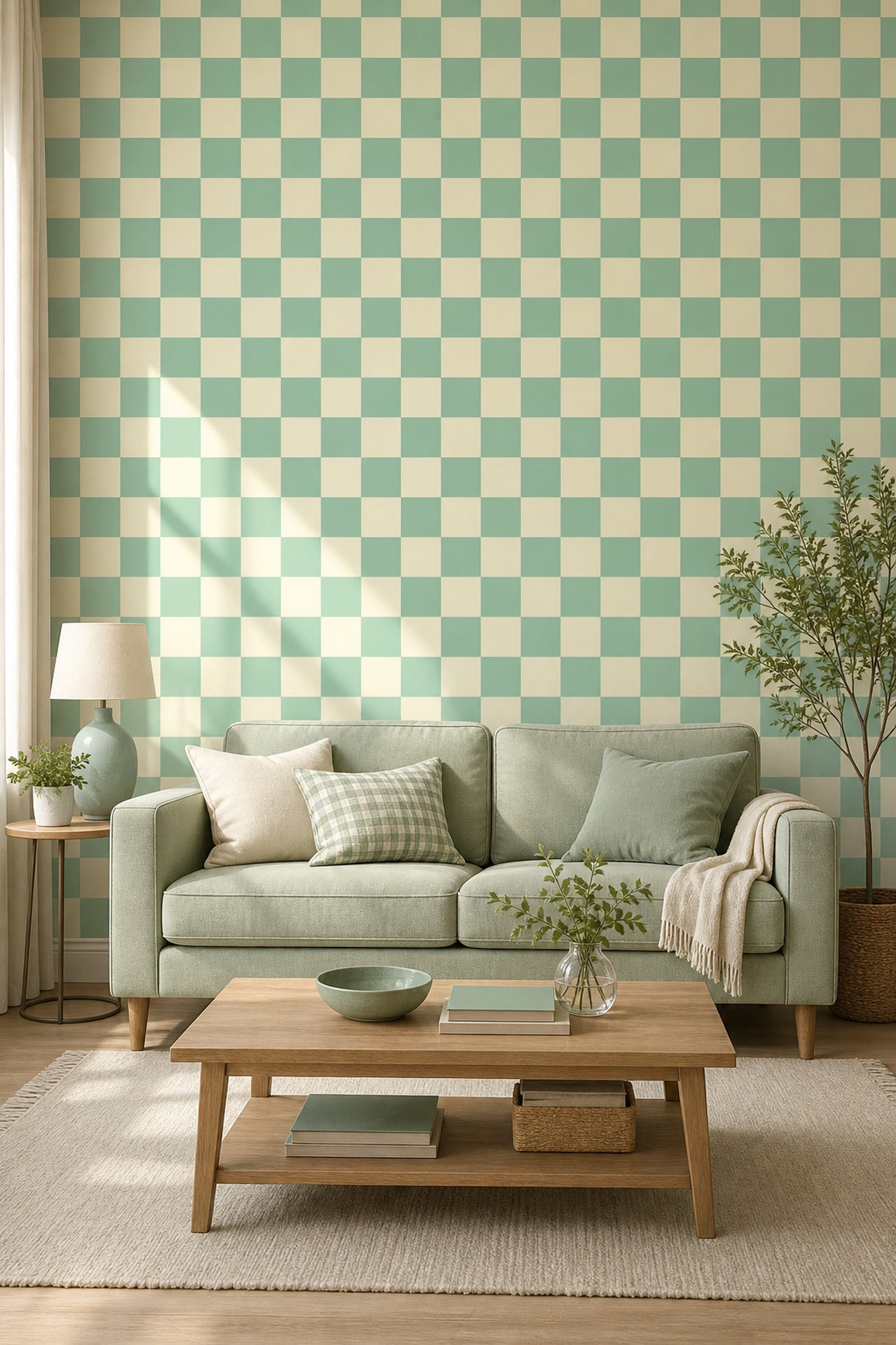 Mint Yeşil Kareli Duvar Kağıdı Modern Salon Deseni