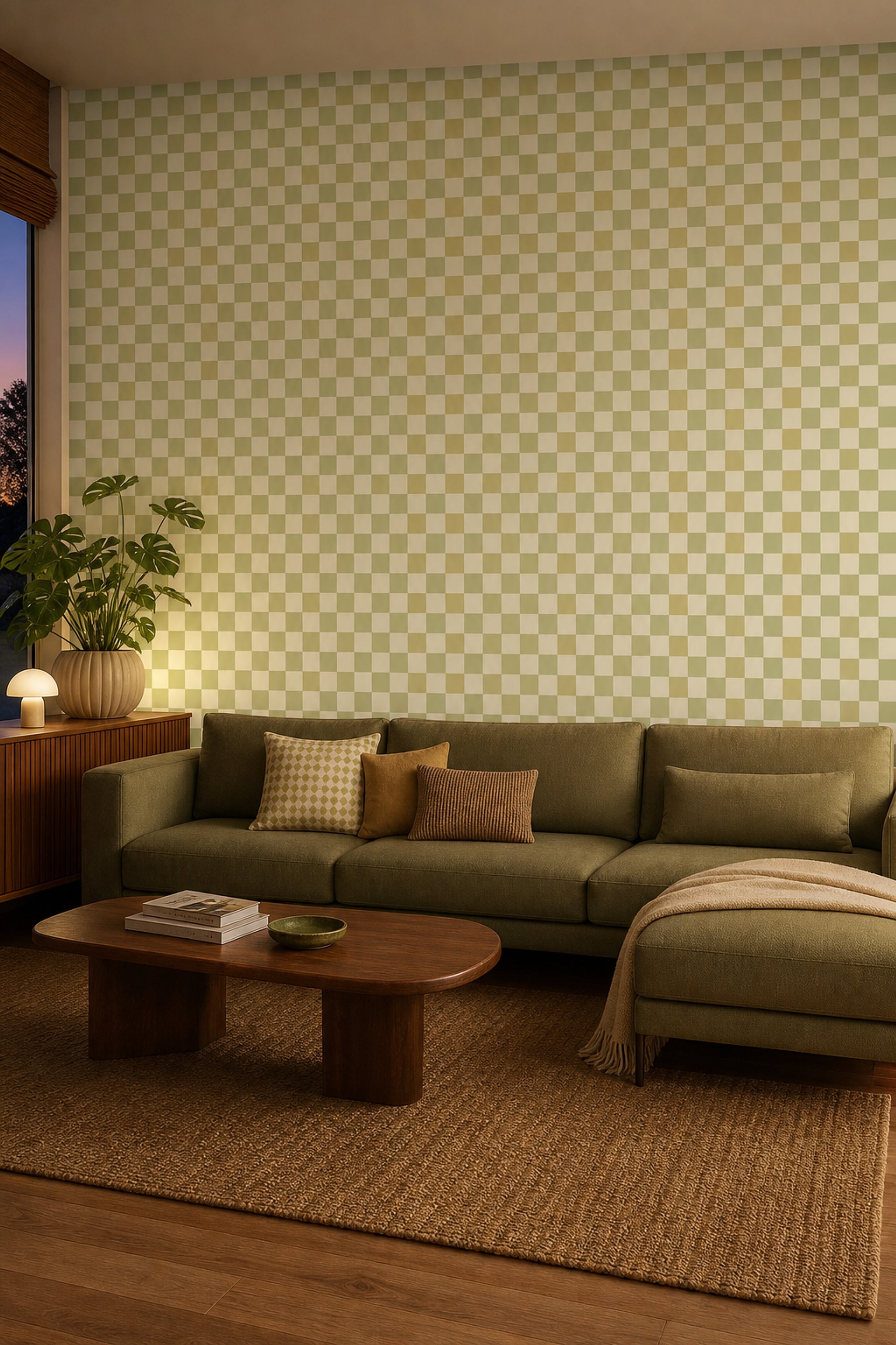 Yeşil Damalı Duvar Kağıdı Modern Kareli Salon Dekoru