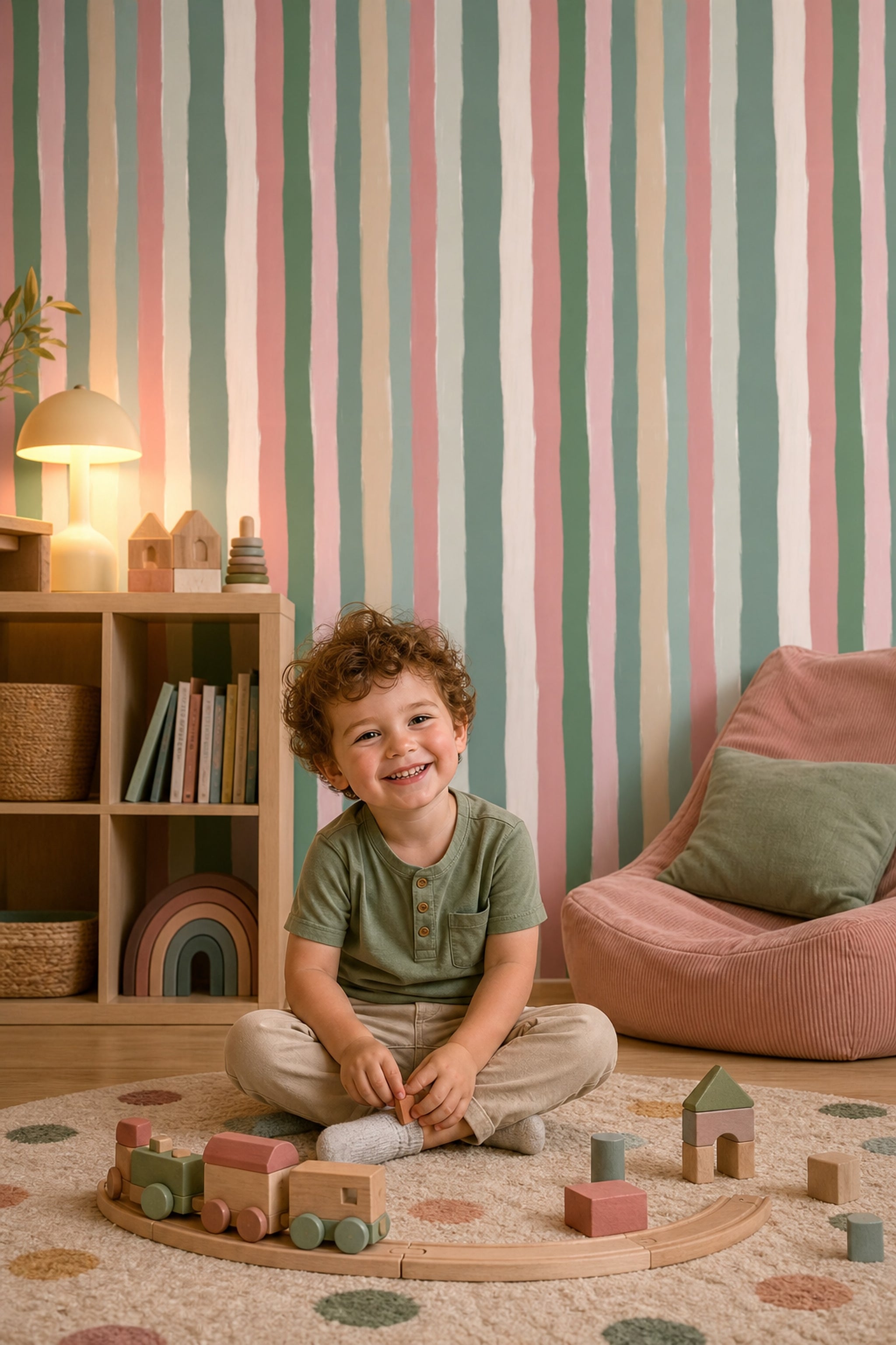 Pastel Dikey Çizgili Duvar Kağıdı Yeşil Pembe Salon
