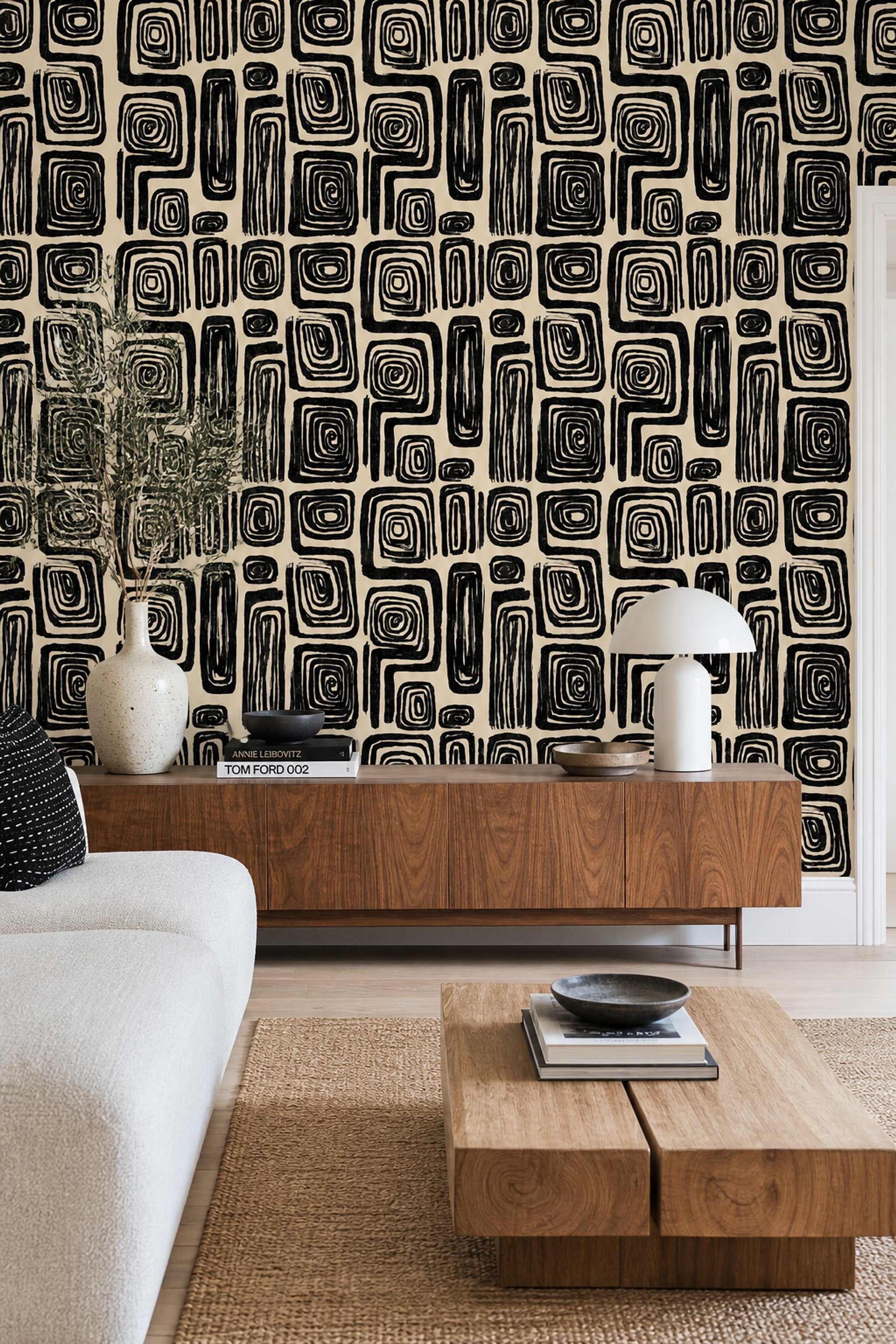 Siyah Krem Geometrik Desenli Duvar Kağıdı Modern Salon