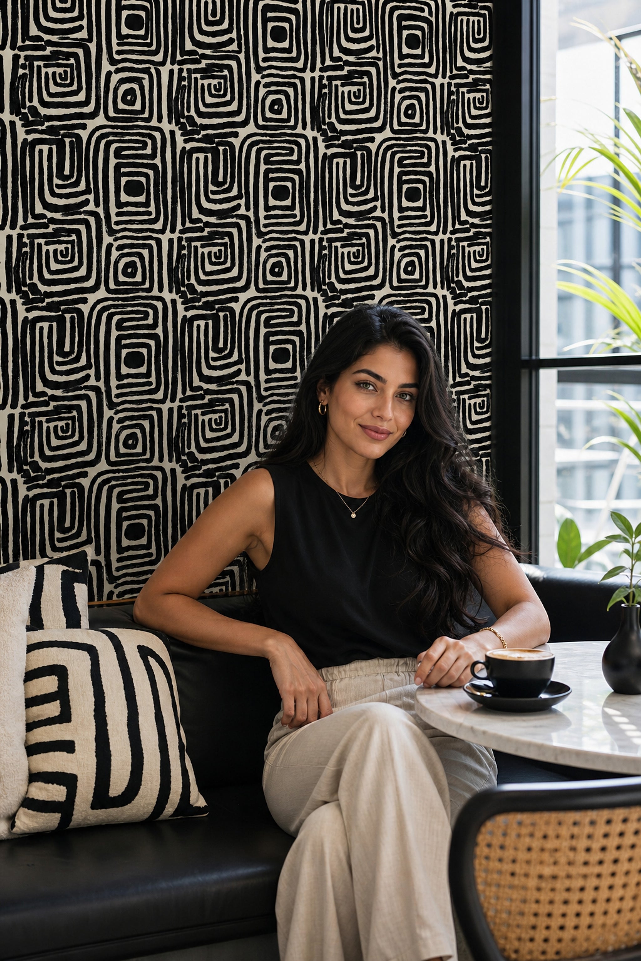 Siyah Beyaz Geometrik Duvar Kağıdı Modern Desenli Salon