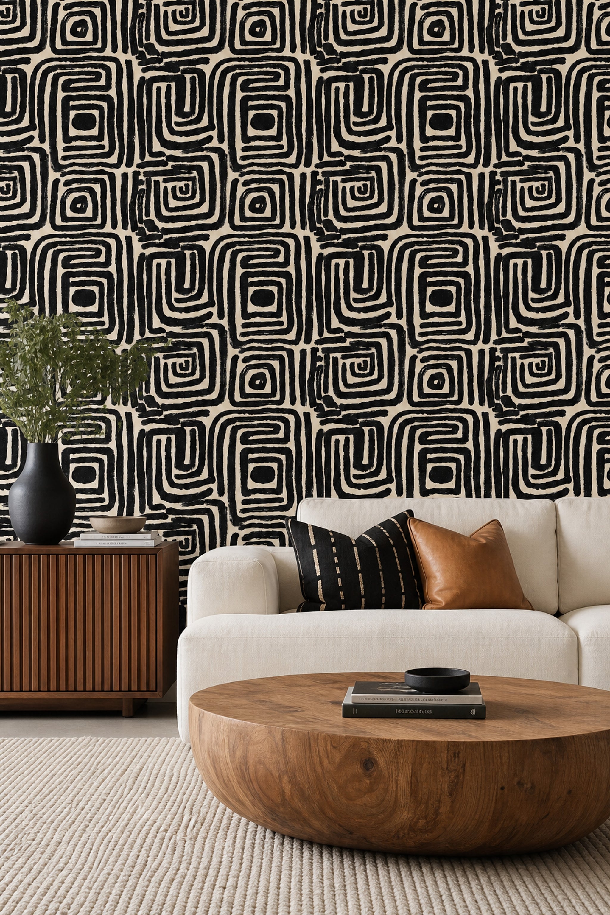 Siyah Beyaz Geometrik Duvar Kağıdı Modern Desenli Salon