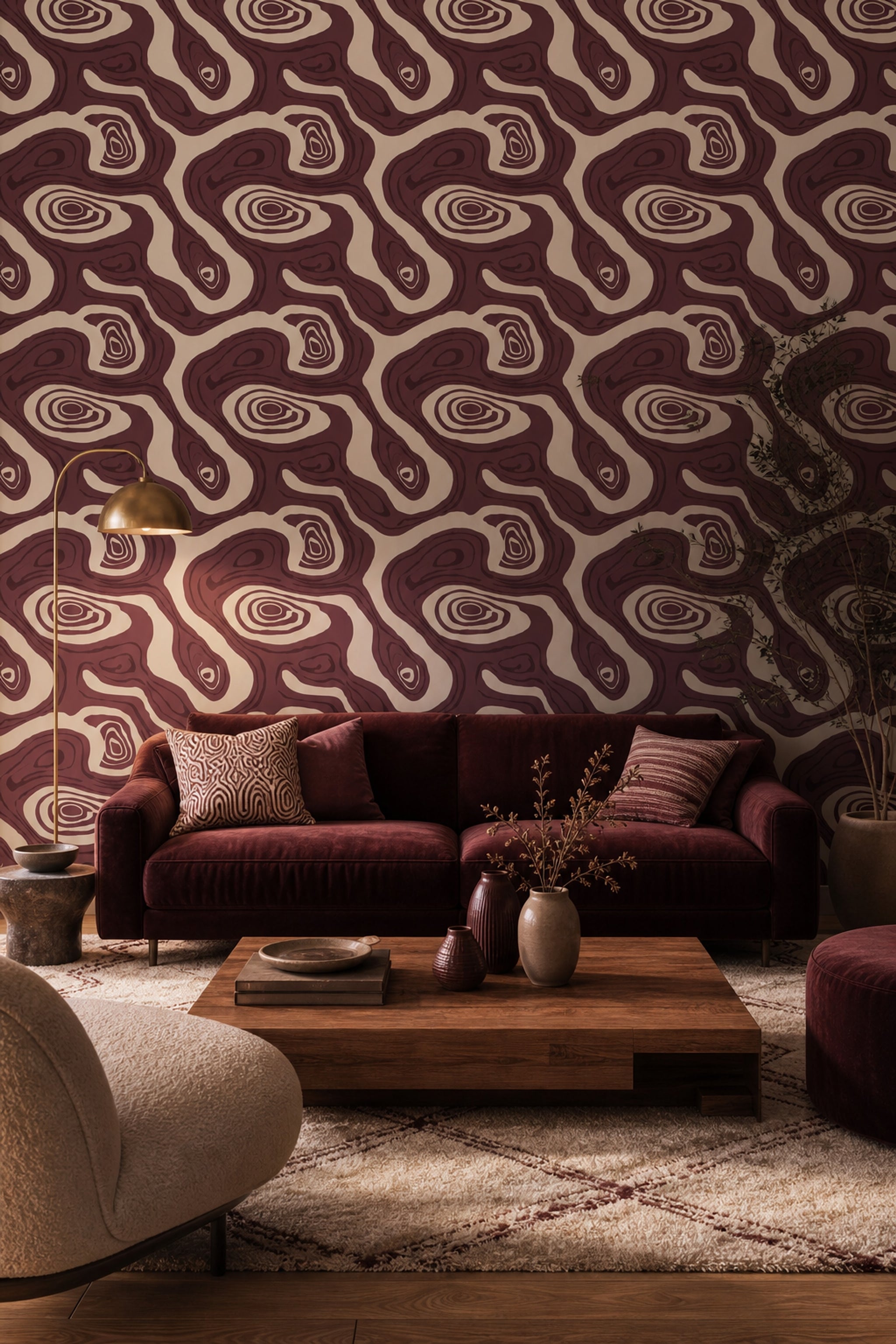Soyut Dalga Desenli Duvar Kağıdı Bordo Krem Salon