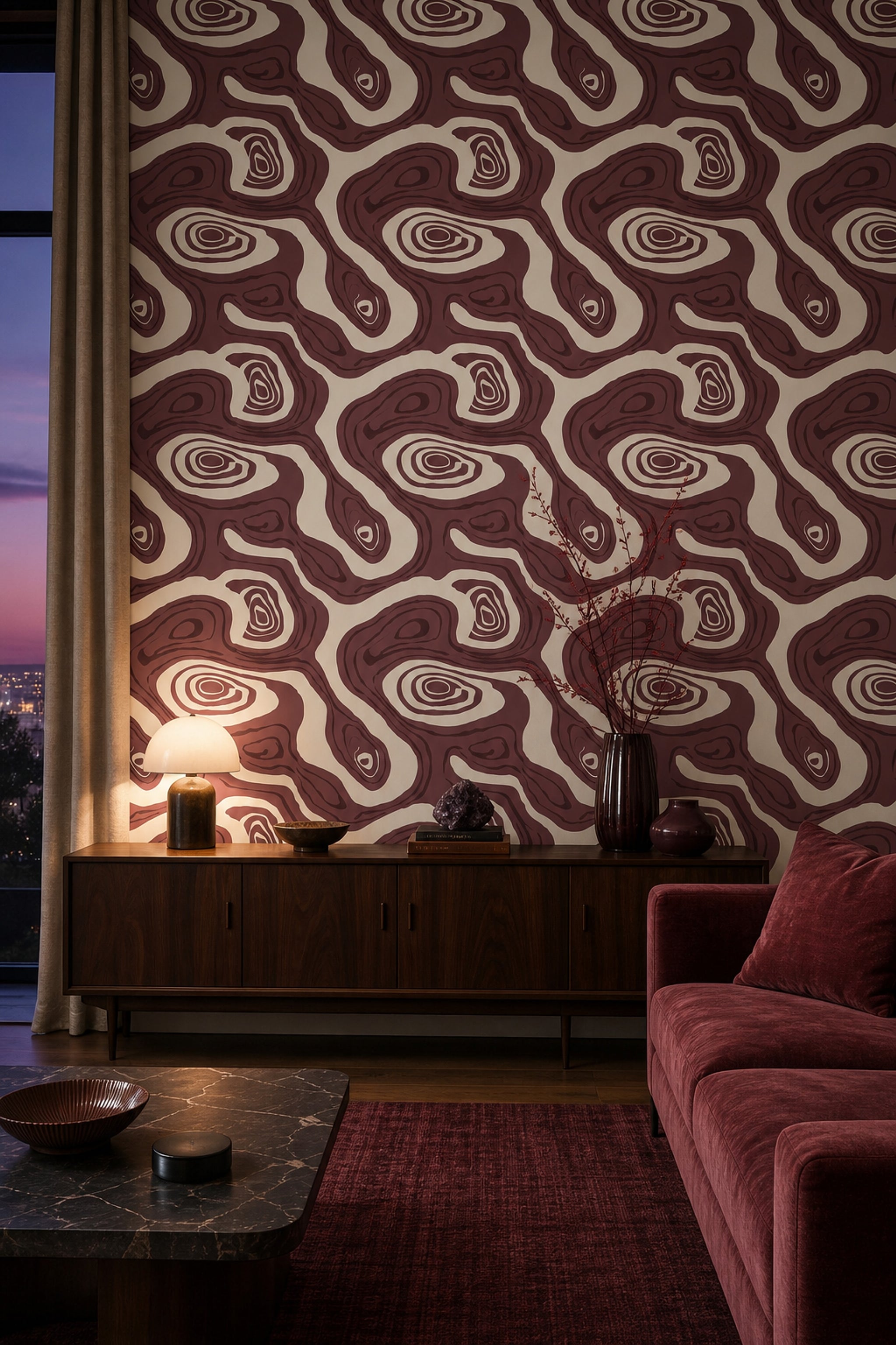 Soyut Dalga Desenli Duvar Kağıdı Bordo Krem Salon