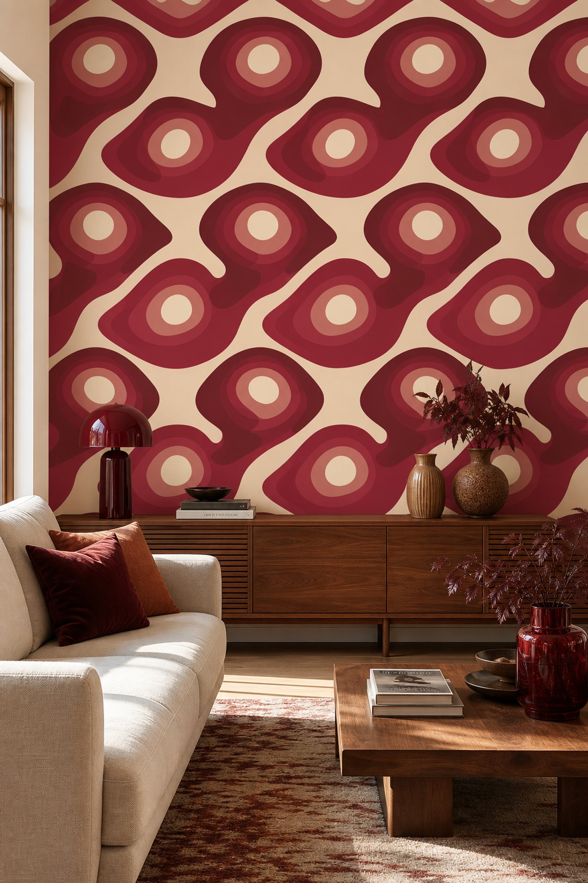 Retro Geometrik Duvar Kağıdı Bordo Bej Salon Deseni