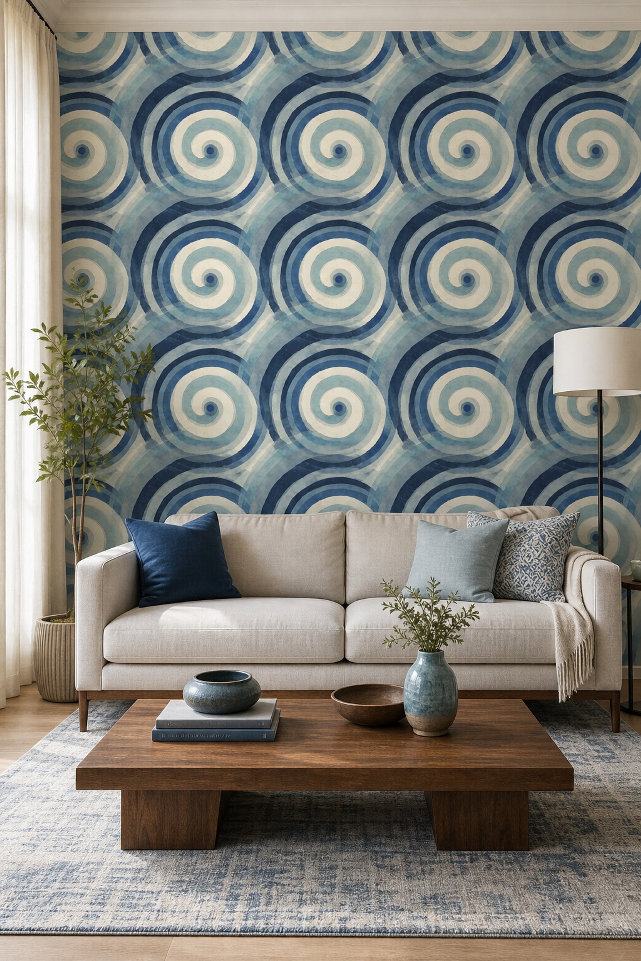 Mavi Spiral Desenli Duvar Kağıdı Modern Salon Dekoru