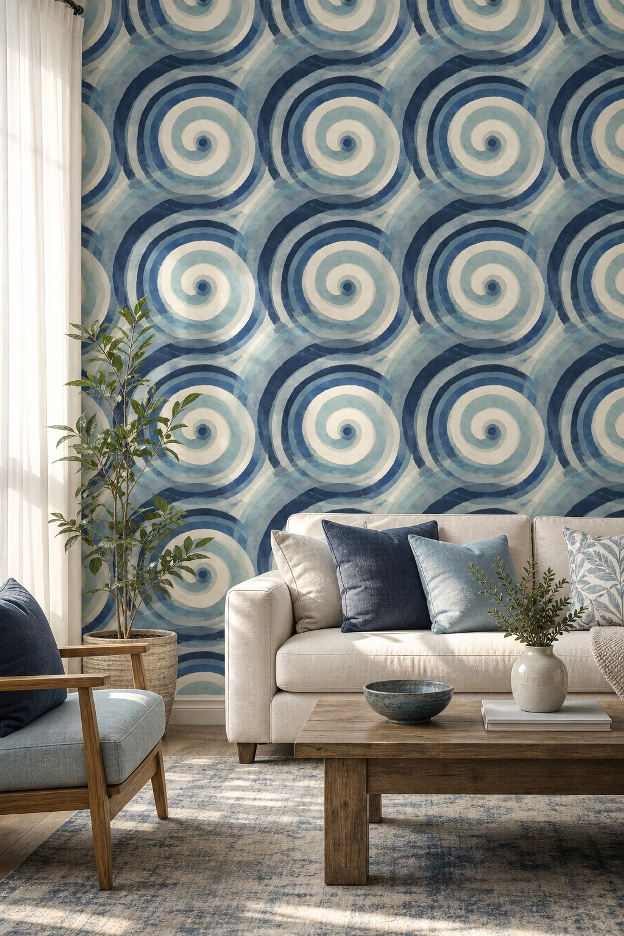 Mavi Spiral Desenli Duvar Kağıdı Modern Salon Dekoru