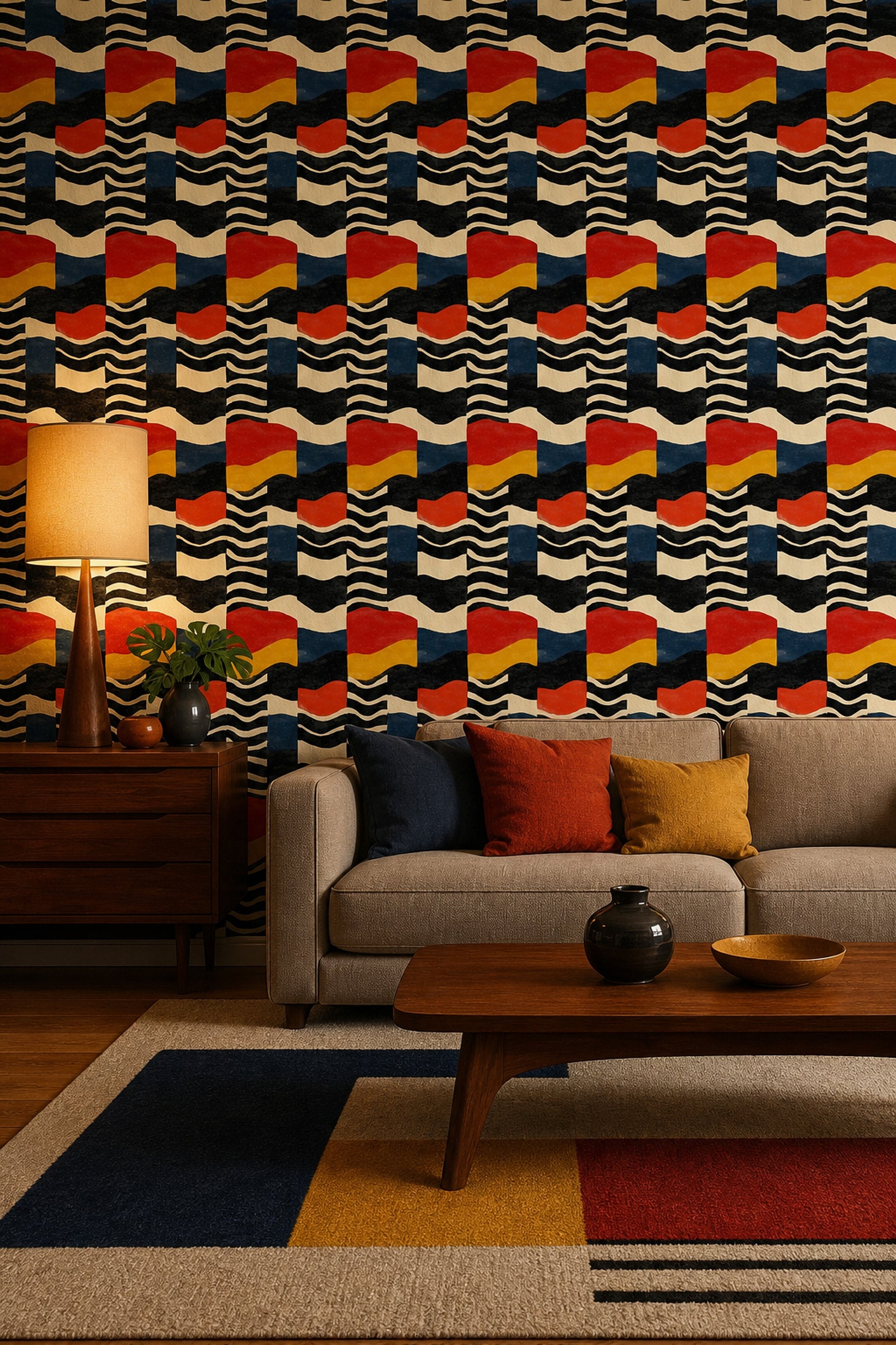 Retro Renk Bloklu Duvar Kağıdı Kırmızı Lacivert Salon
