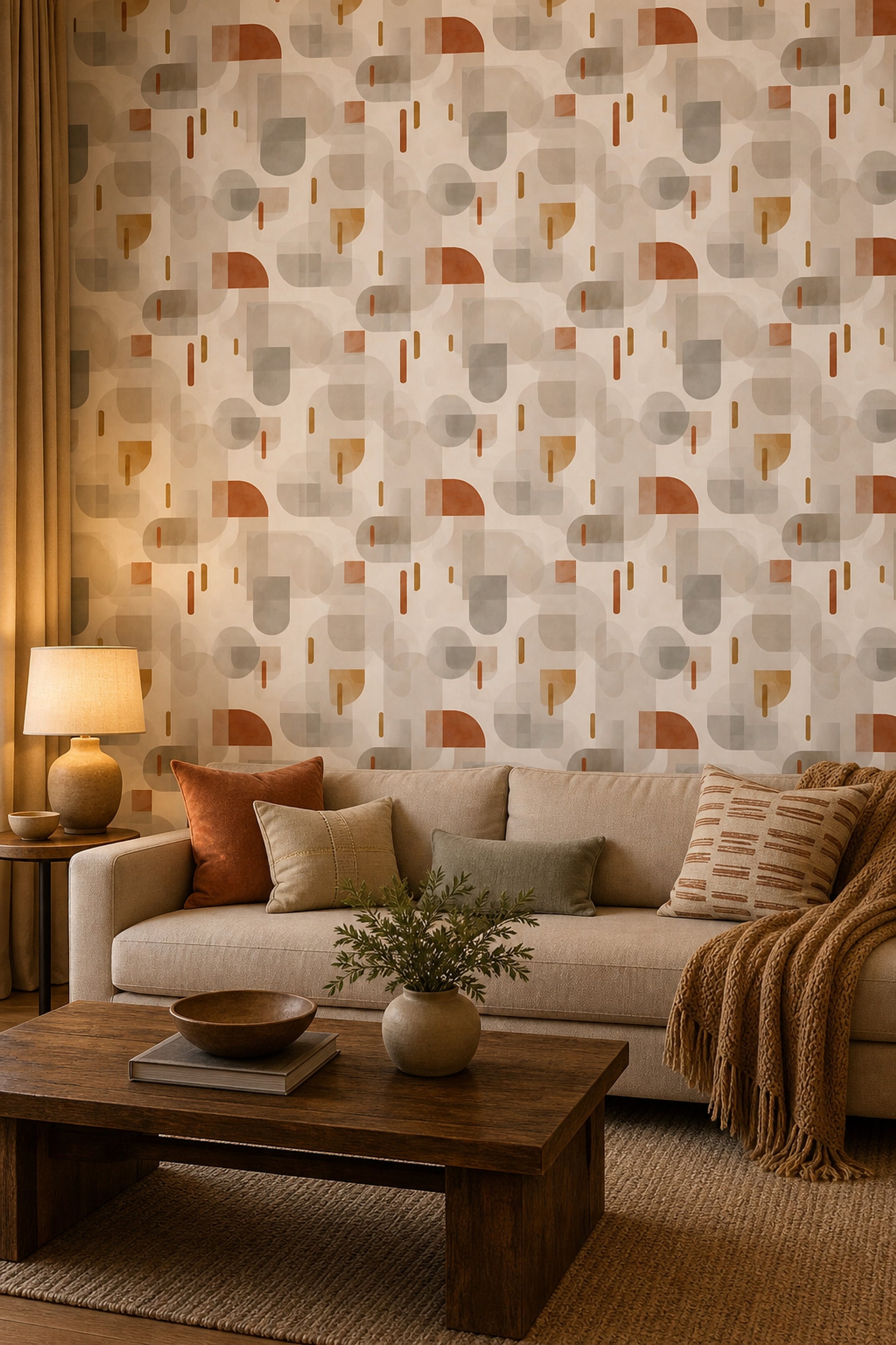 Geometrik Retro Duvar Kağıdı Bej Kiremit Desenli Salon