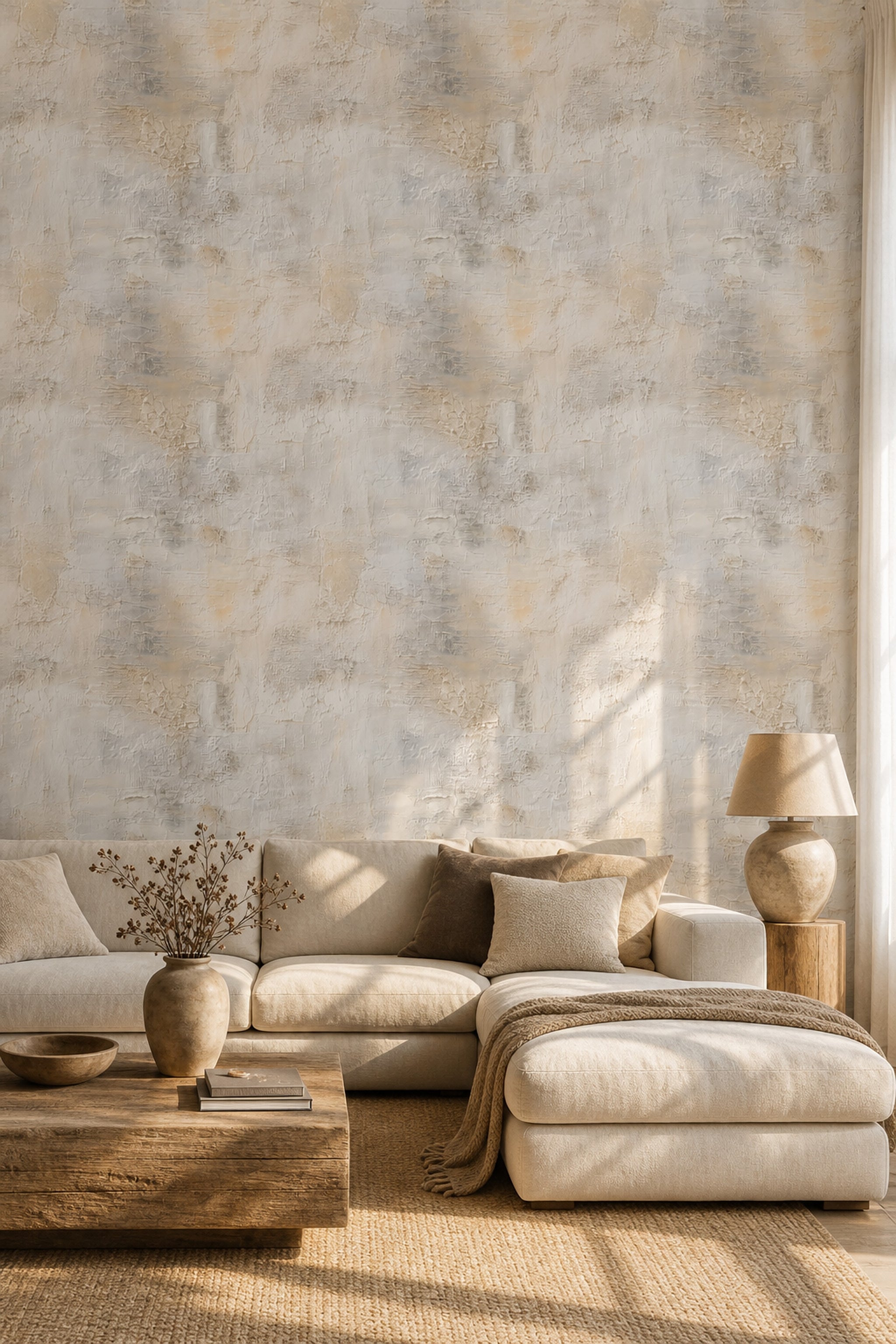 Beton Görünümlü Duvar Kağıdı Bej Gri Modern Salon