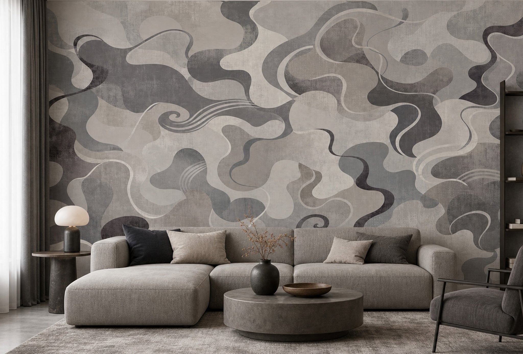 Gri Bej Soyut Dalgalı Poster Duvar Kağıdı Modern Salon