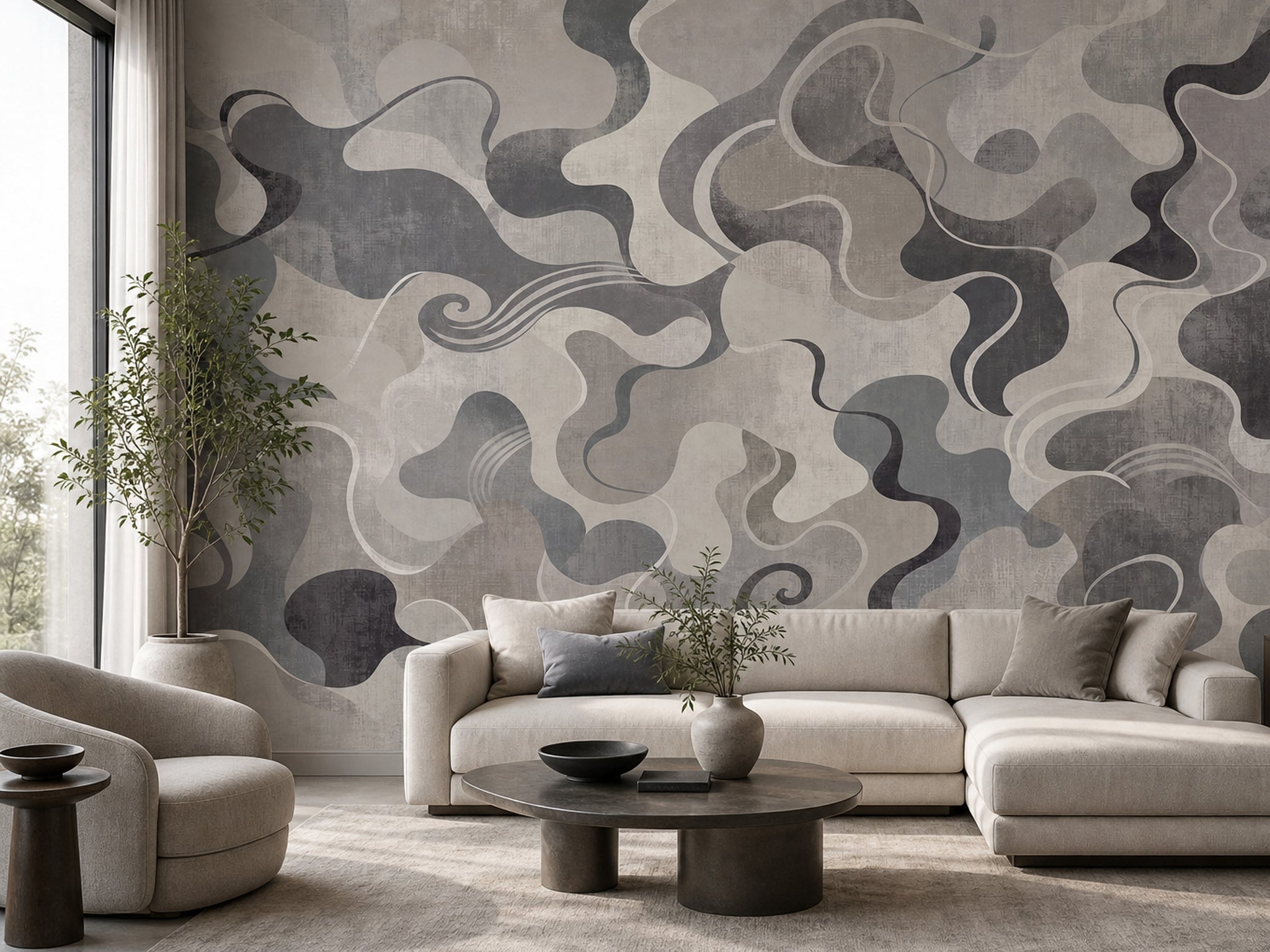 Gri Bej Soyut Dalgalı Poster Duvar Kağıdı Modern Salon