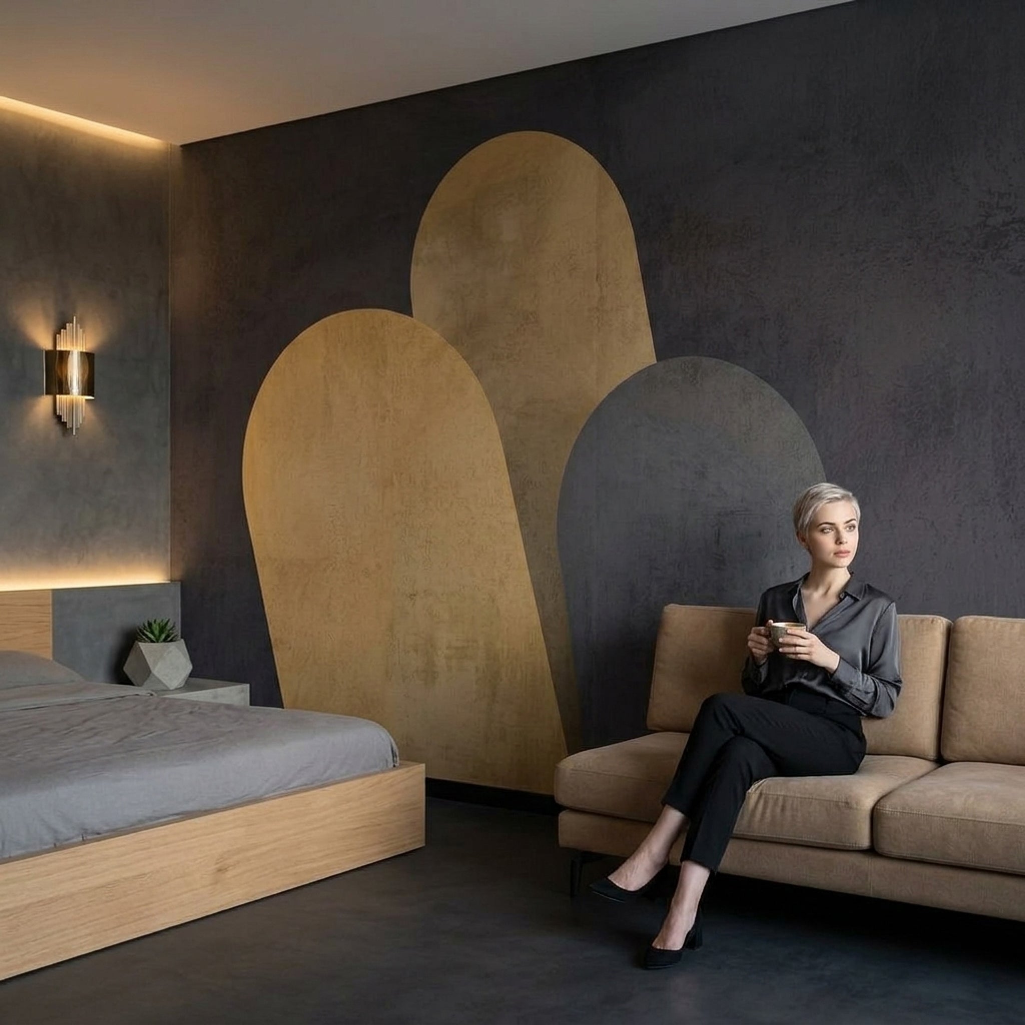 Soyut Kemer Formlu Poster Duvar Kağıdı Füme Bej Salon