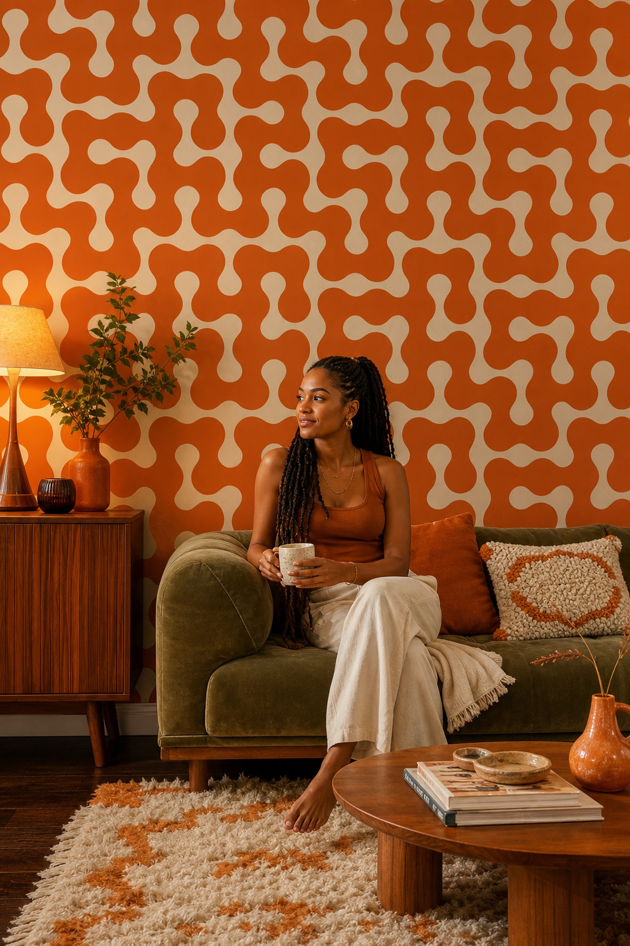 Turuncu Krem Soyut Geometrik Duvar Kağıdı Retro Salon