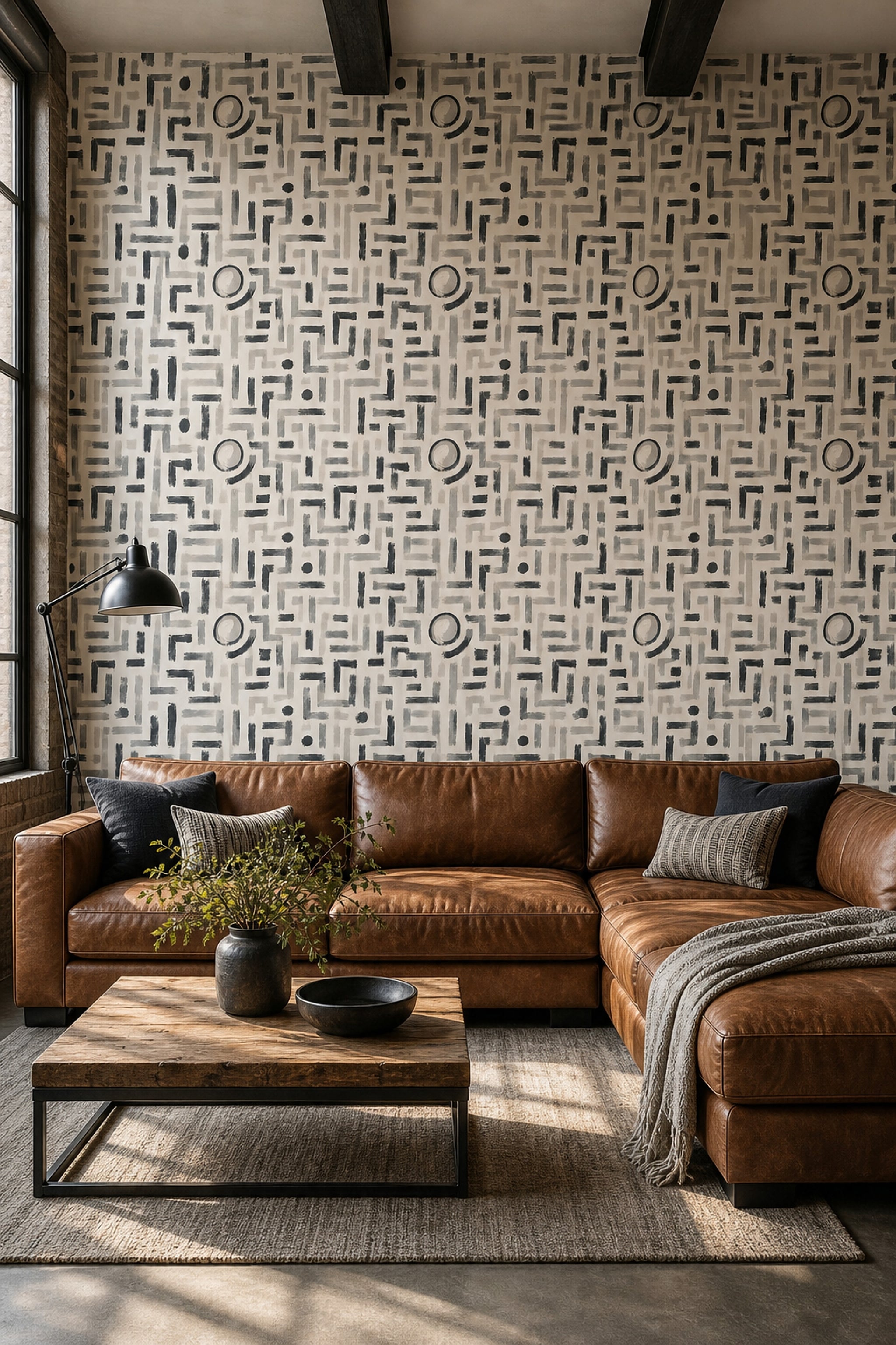Soyut Geometrik Duvar Kağıdı Bej Siyah Desenli Salon