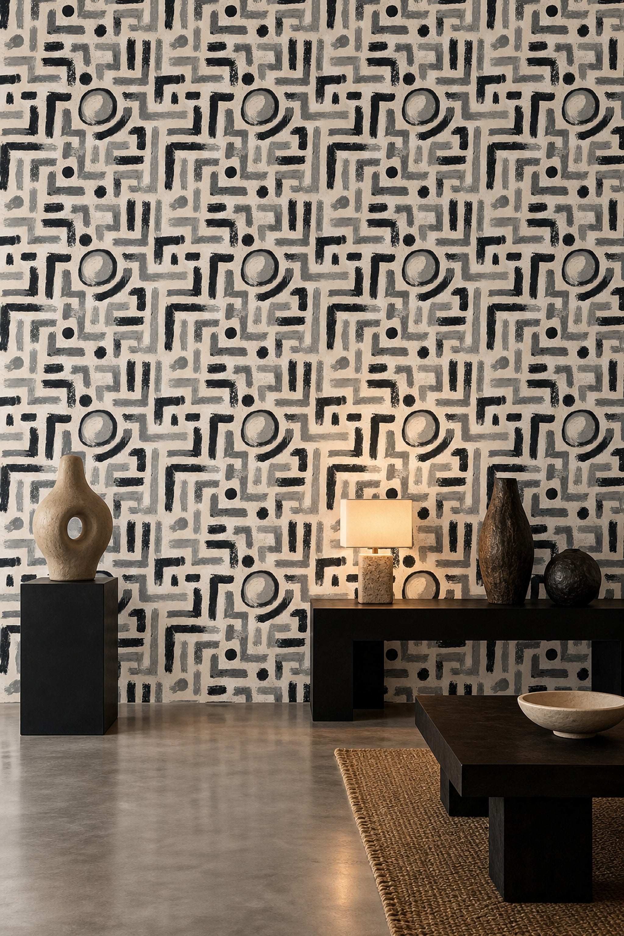 Soyut Geometrik Duvar Kağıdı Bej Siyah Desenli Salon