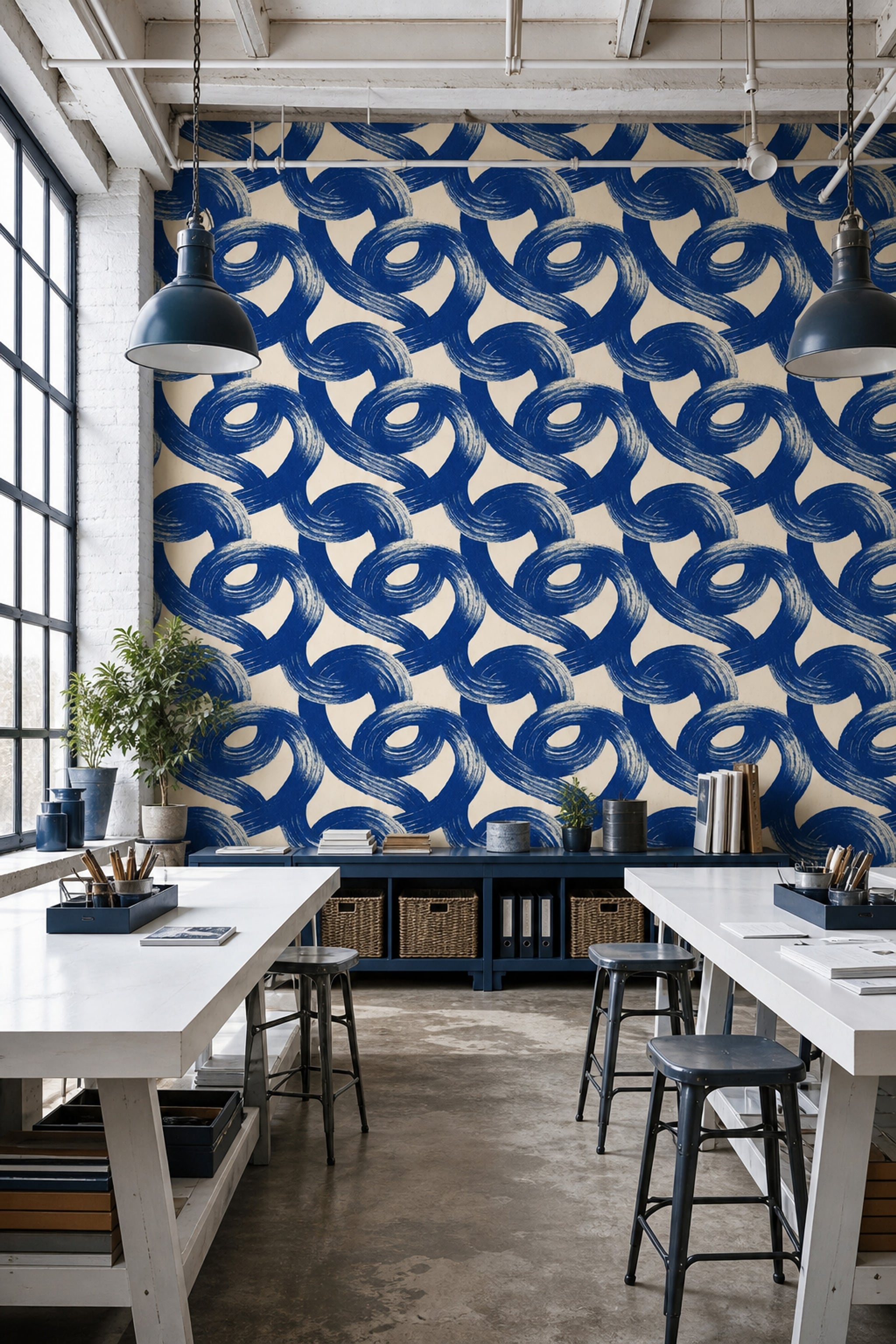 Lacivert Fırça Darbeli Geometrik Duvar Kağıdı Modern Salon