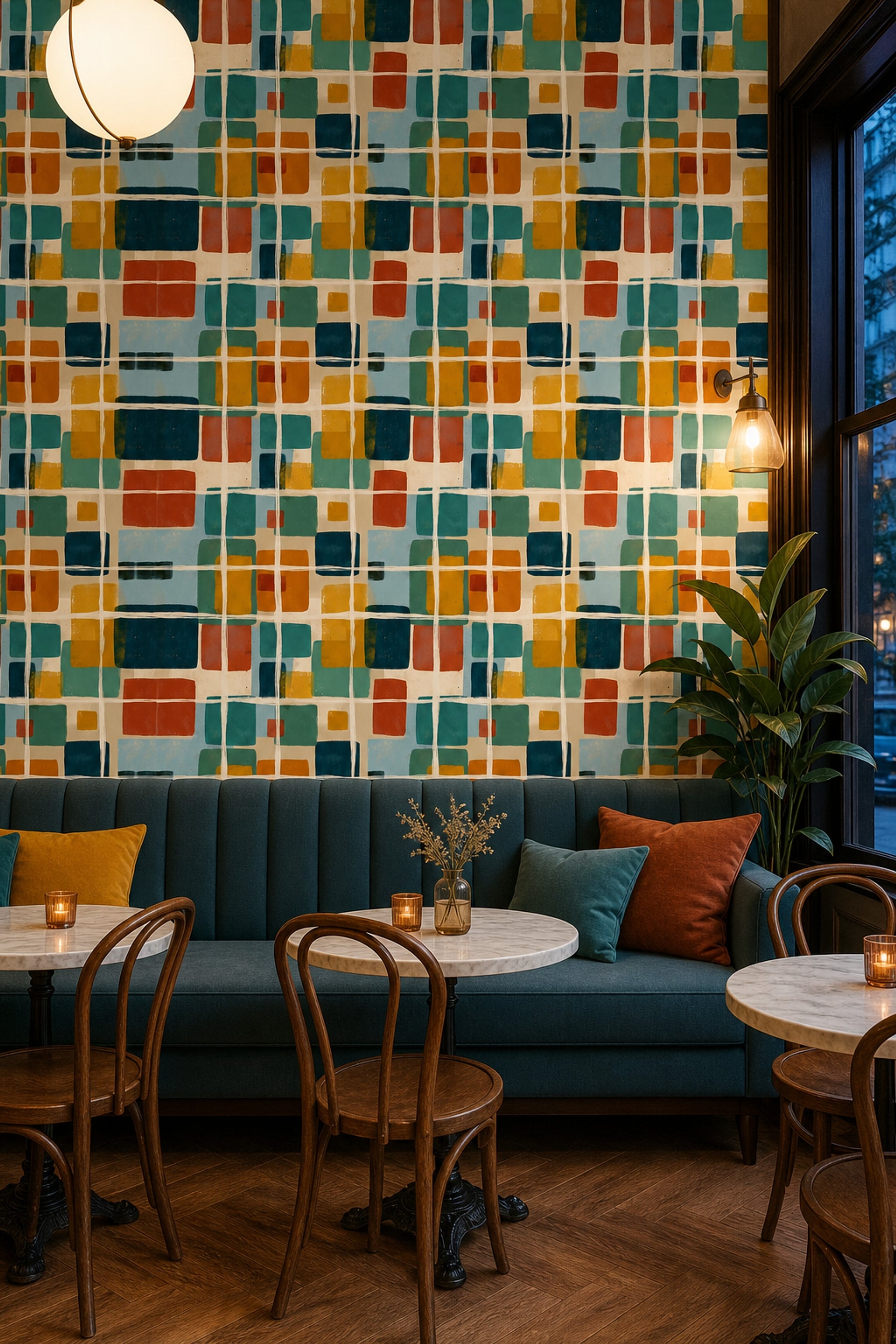 Renkli Kareli Geometrik Duvar Kağıdı Modern Salon Dekoru