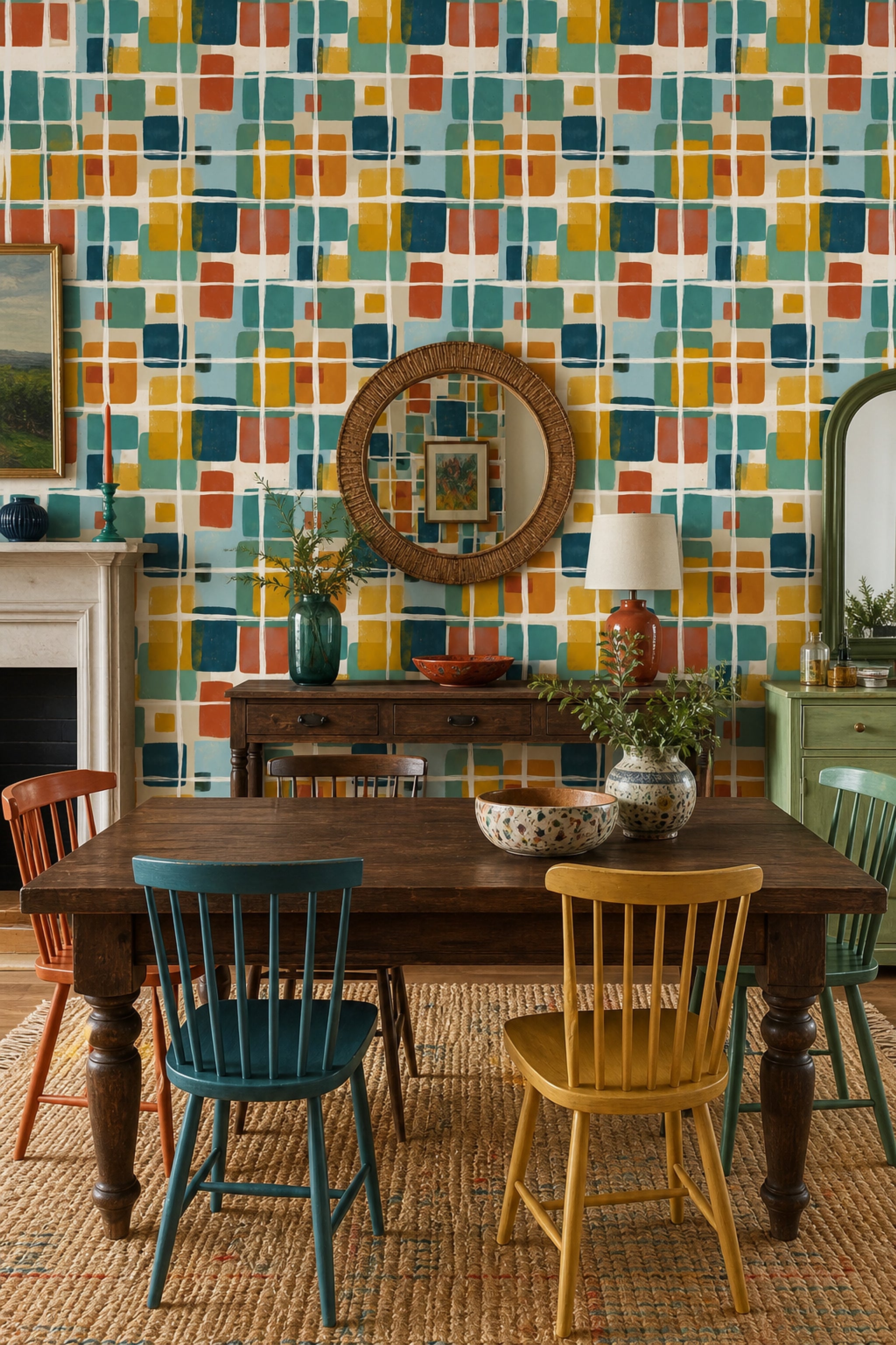 Renkli Kareli Geometrik Duvar Kağıdı Modern Salon Dekoru
