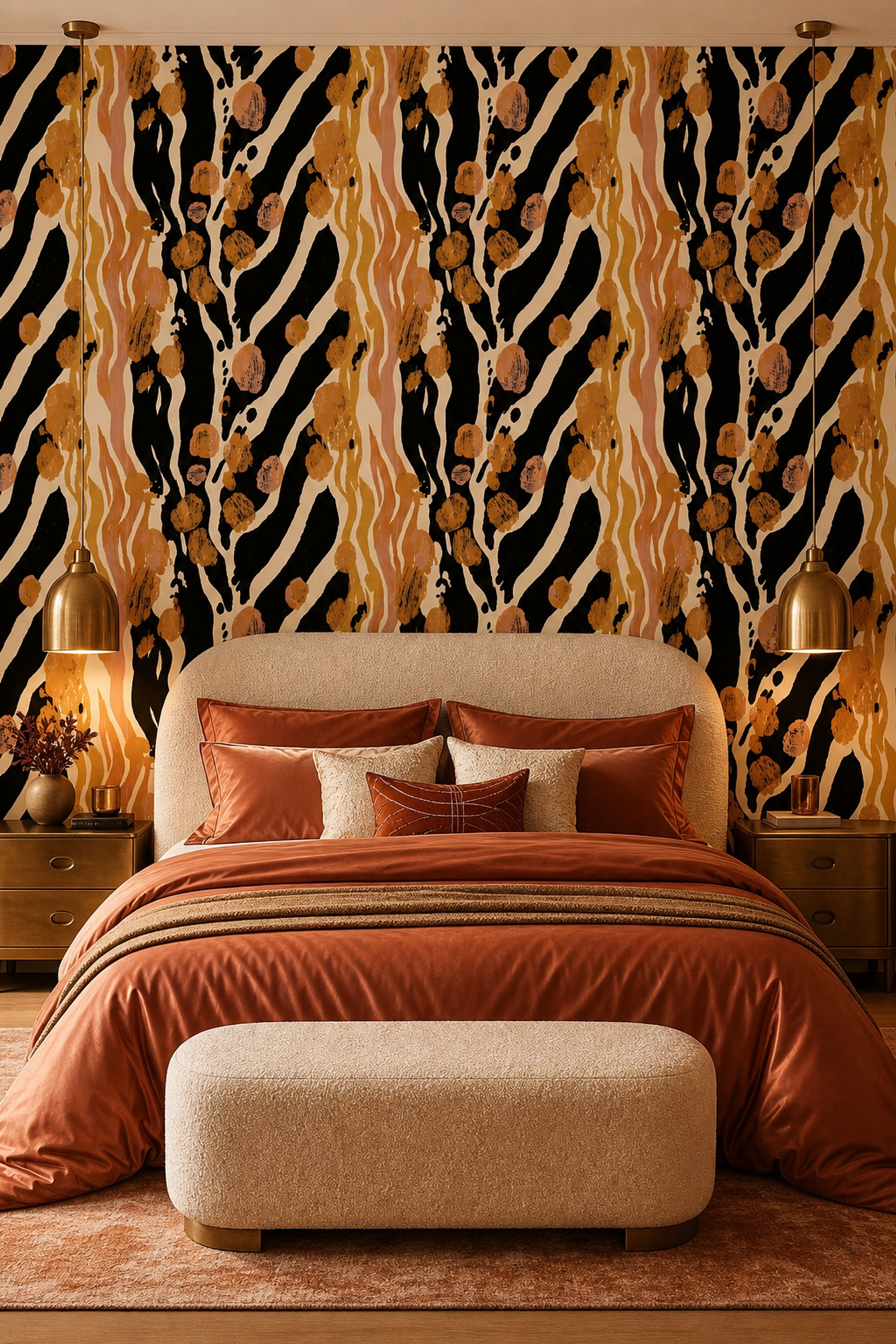 Zebra Desenli Duvar Kağıdı Siyah Kahverengi Modern Salon