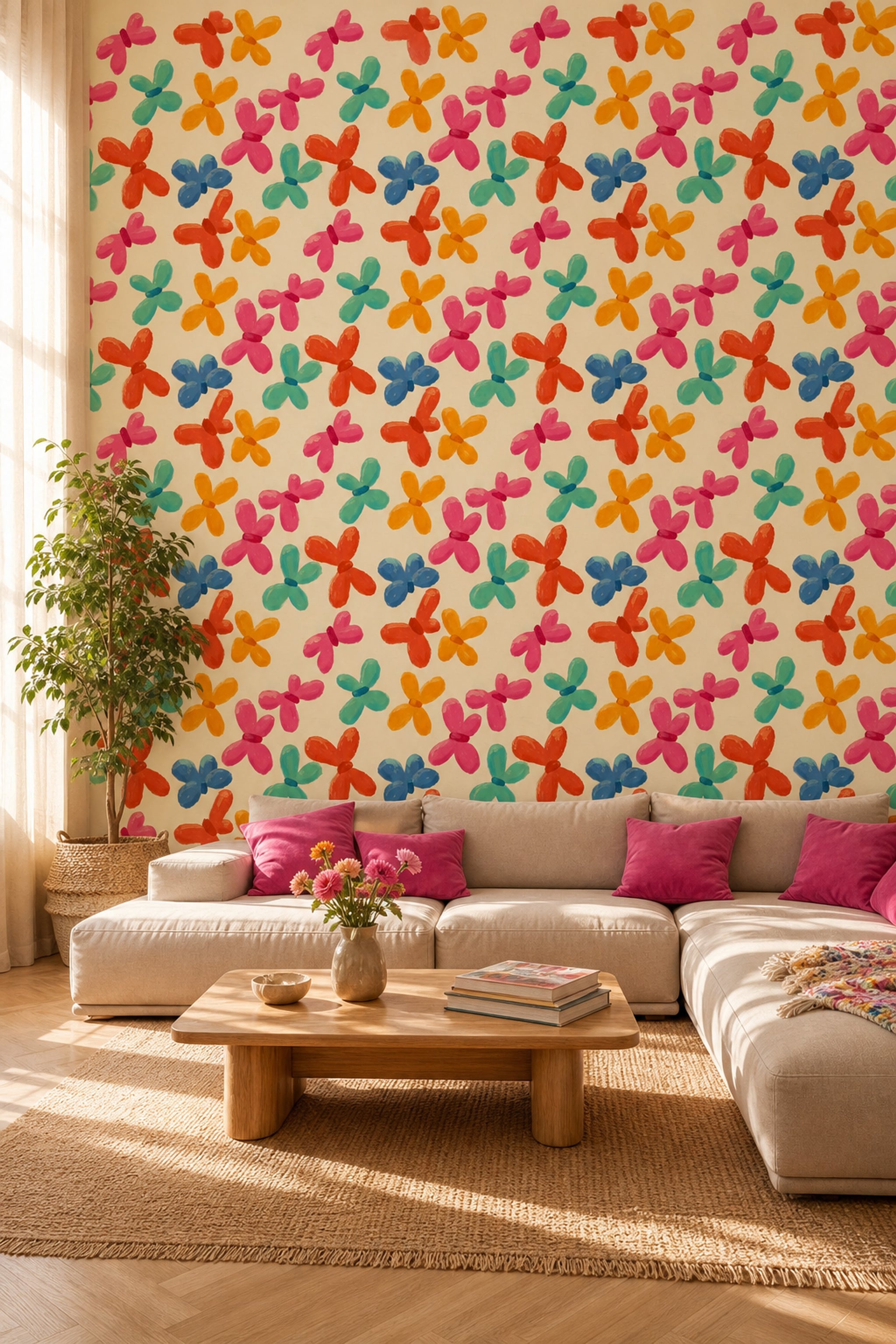 Renkli Çiçek Desenli Duvar Kağıdı Modern Salon Dekoru