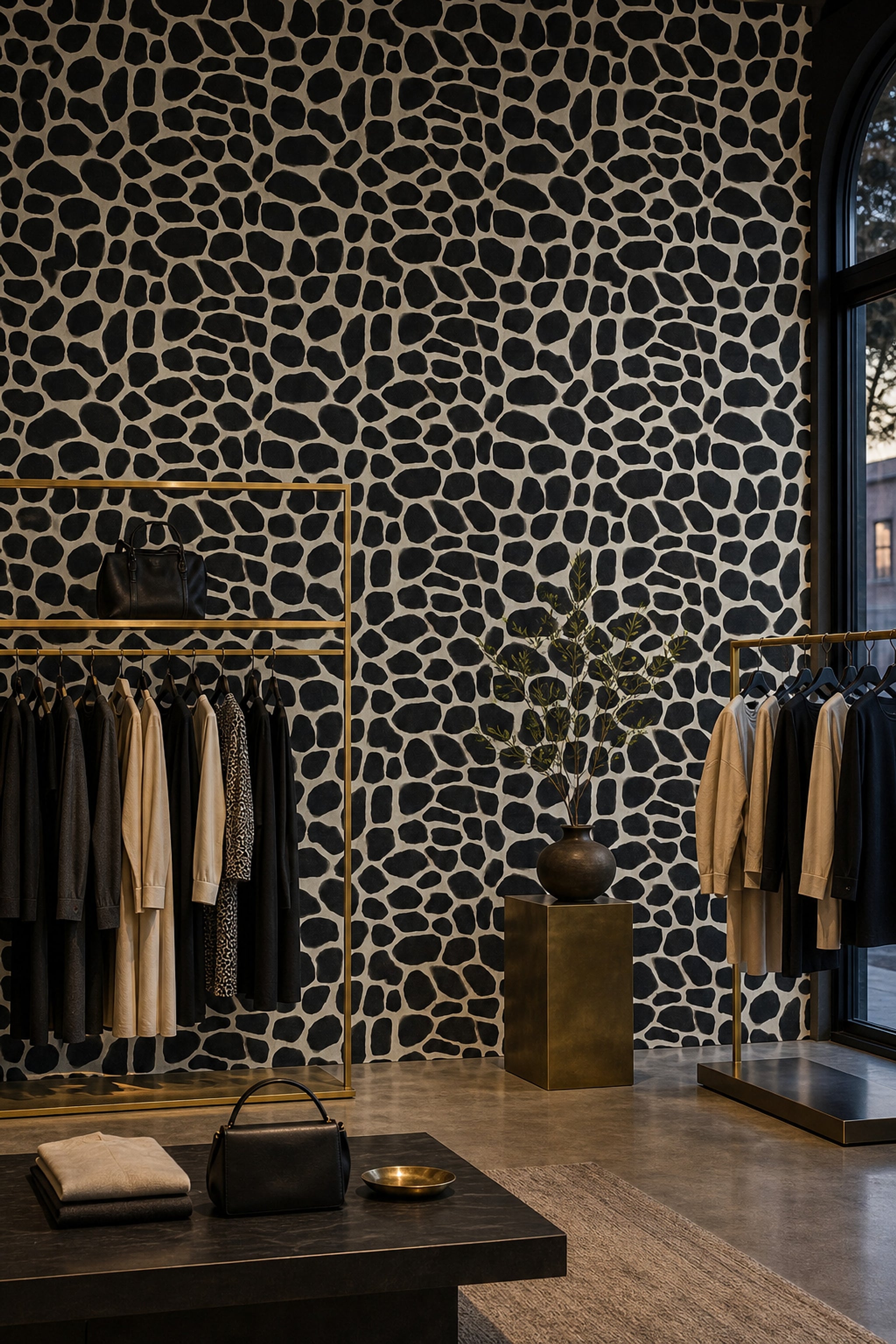 Siyah Beyaz Taş Desenli Duvar Kağıdı Modern Salon