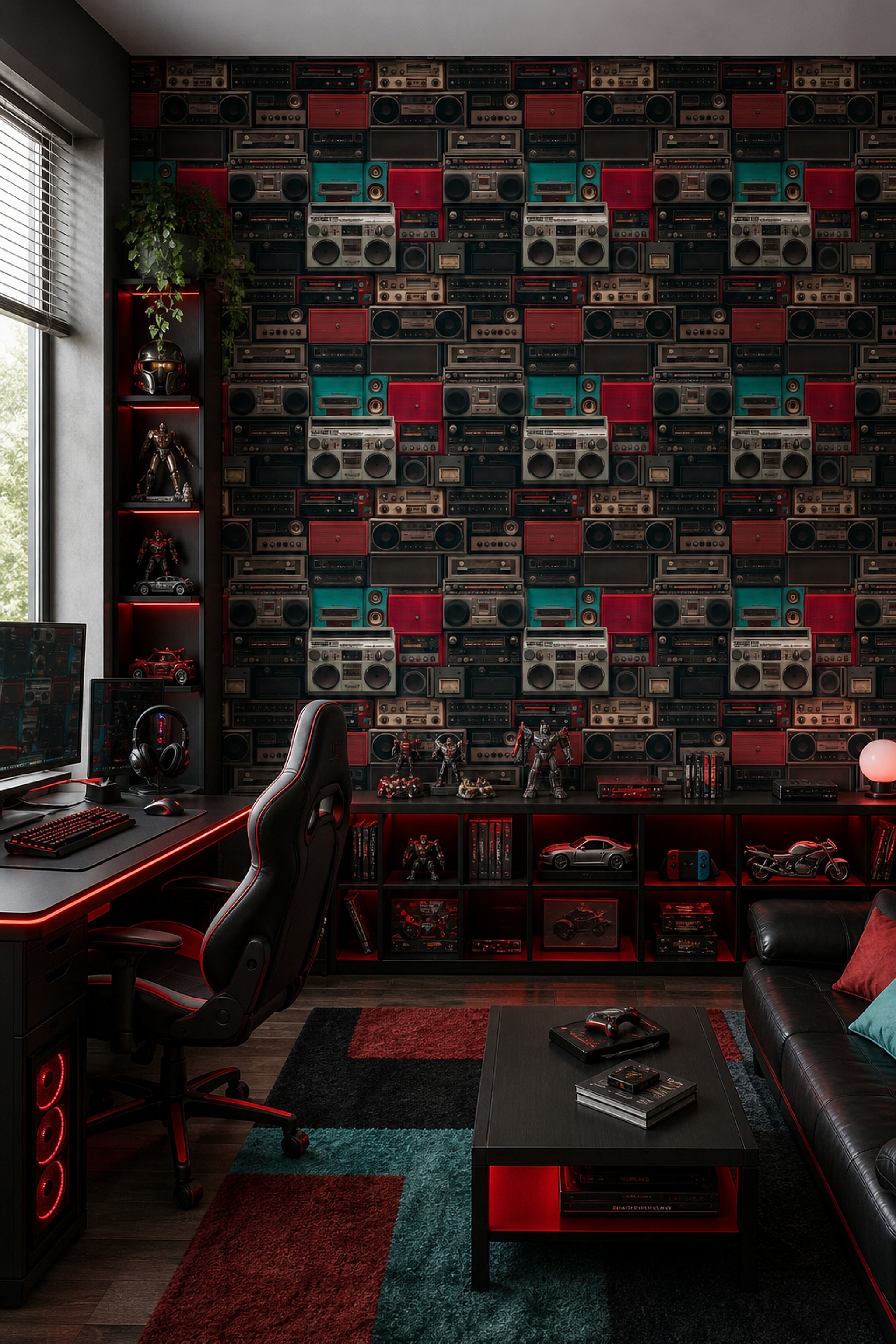 Retro Teyp ve Kasetçalar Desenli Duvar Kağıdı Kırmızı Siyah