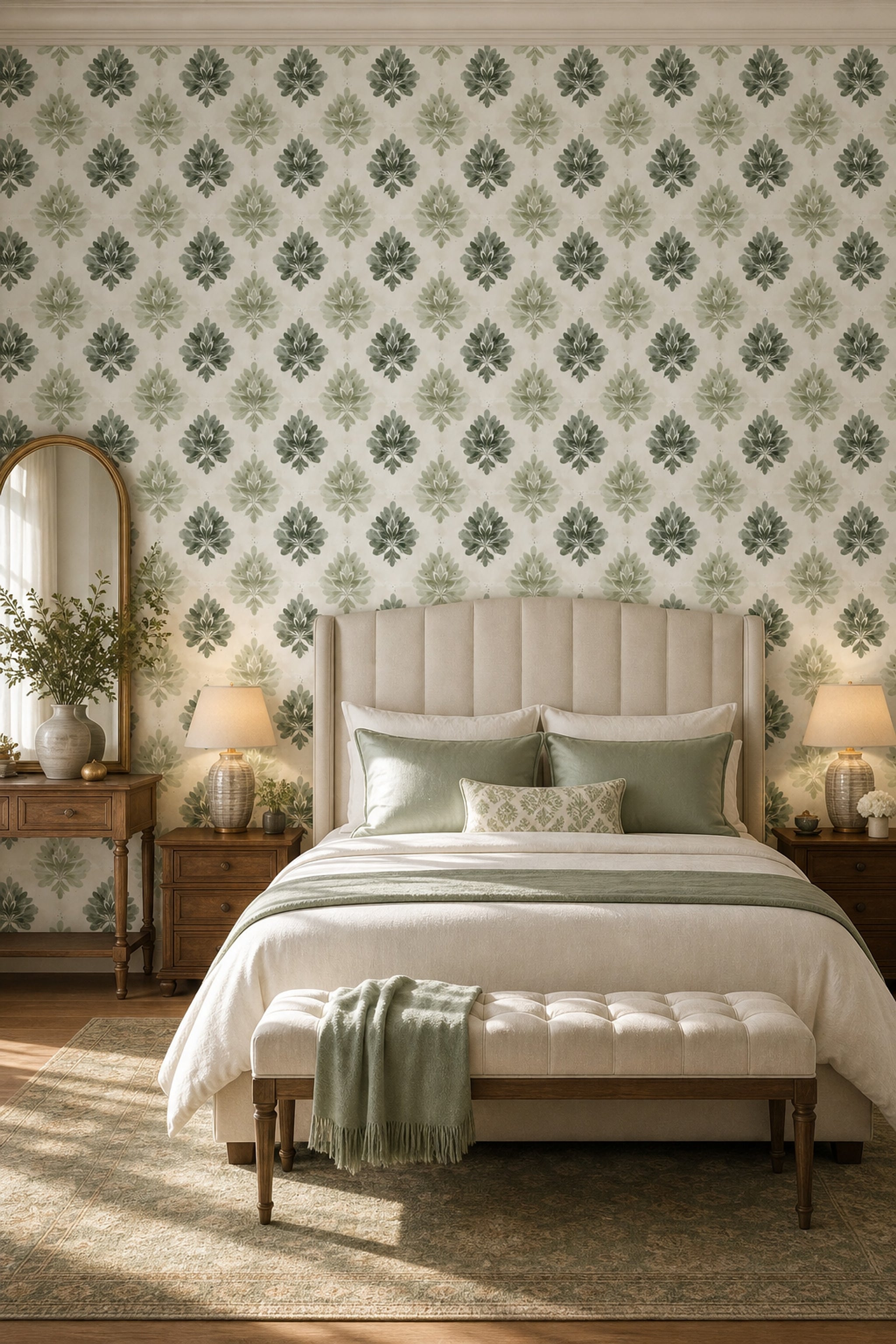 Yeşil Damask Desenli Duvar Kağıdı Klasik Yatak Odası