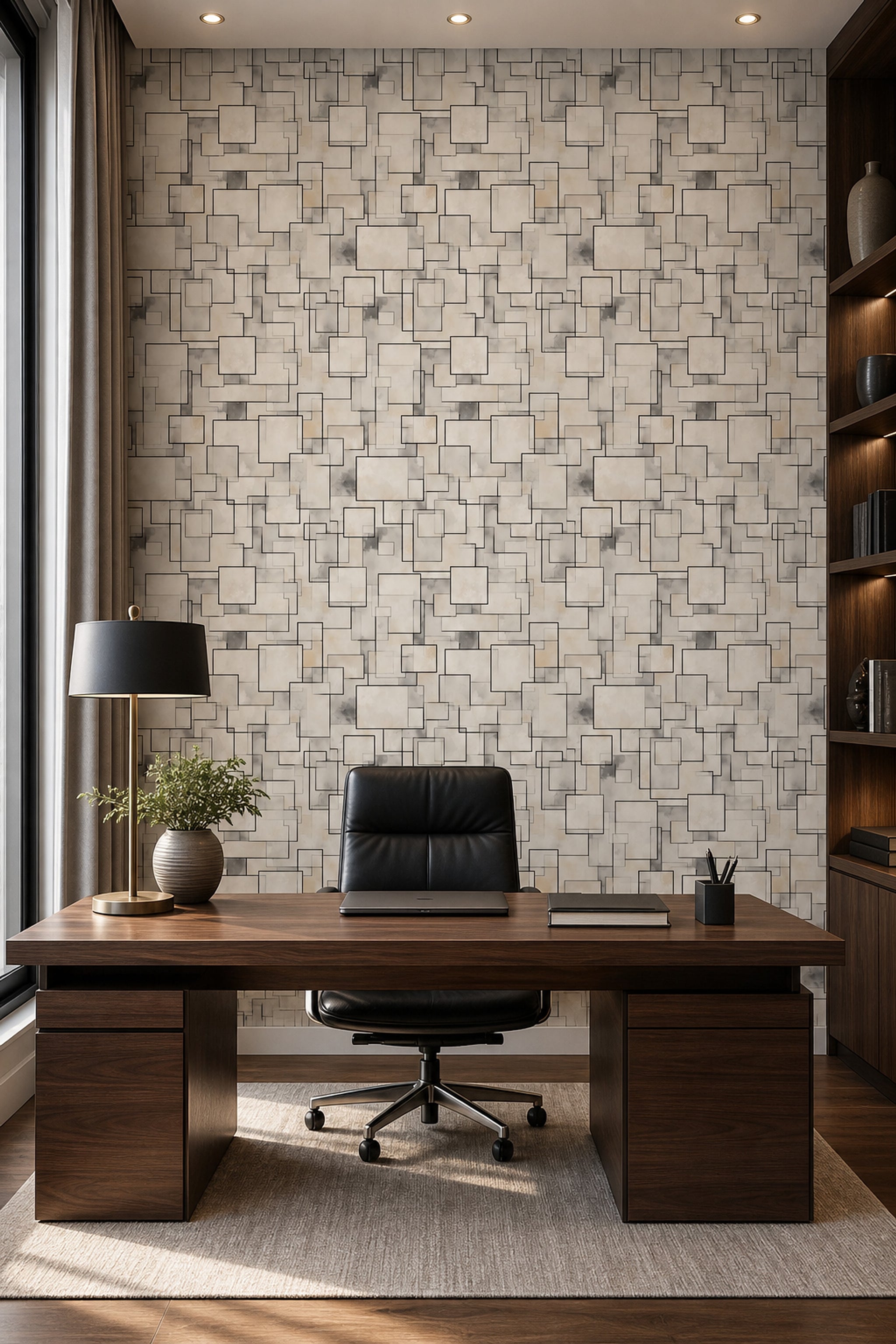 Geometrik Kare Çizgili Duvar Kağıdı Bej Gri Modern Salon
