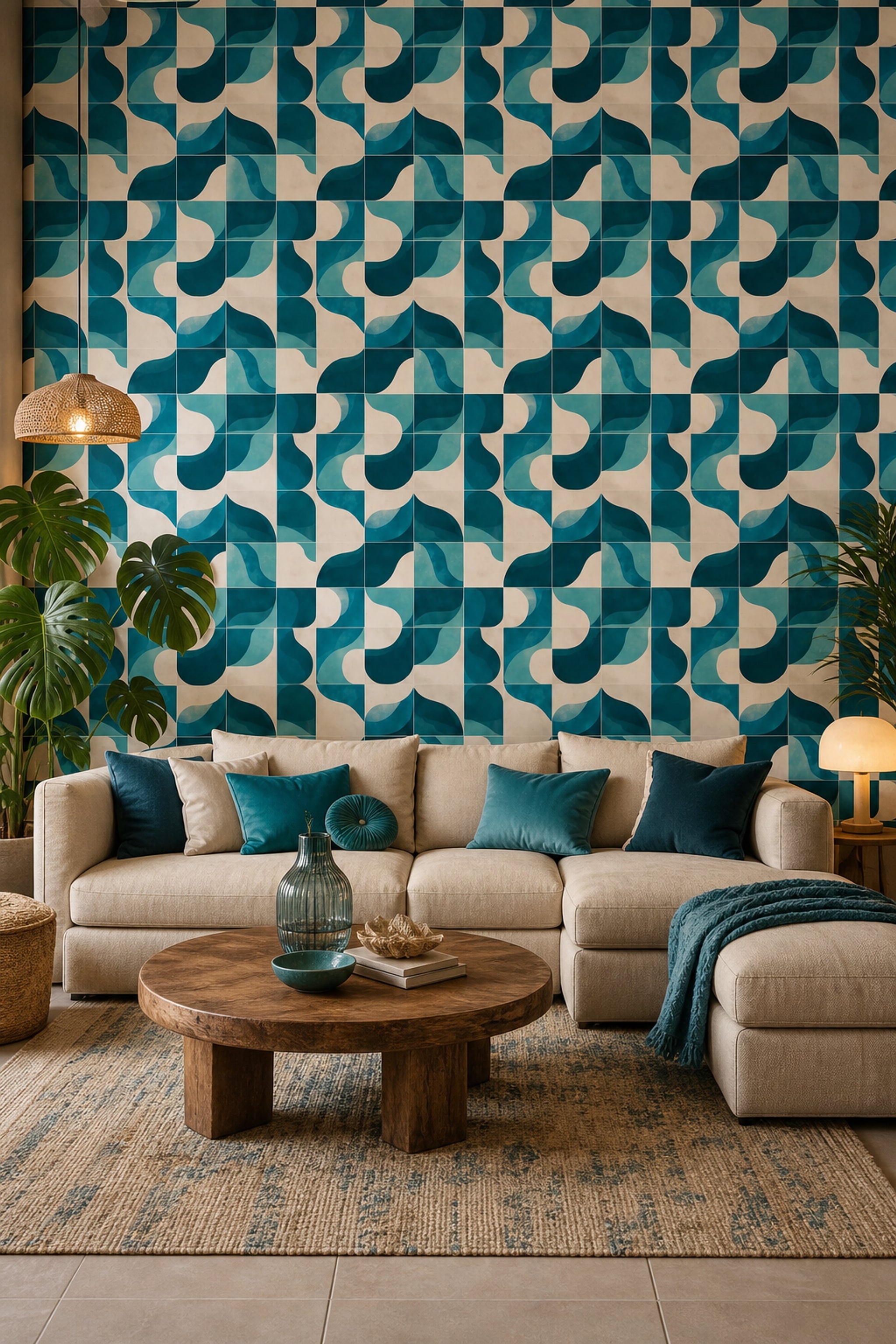 Geometrik Kavisli Desenli Duvar Kağıdı Turkuaz Salon Dekoru