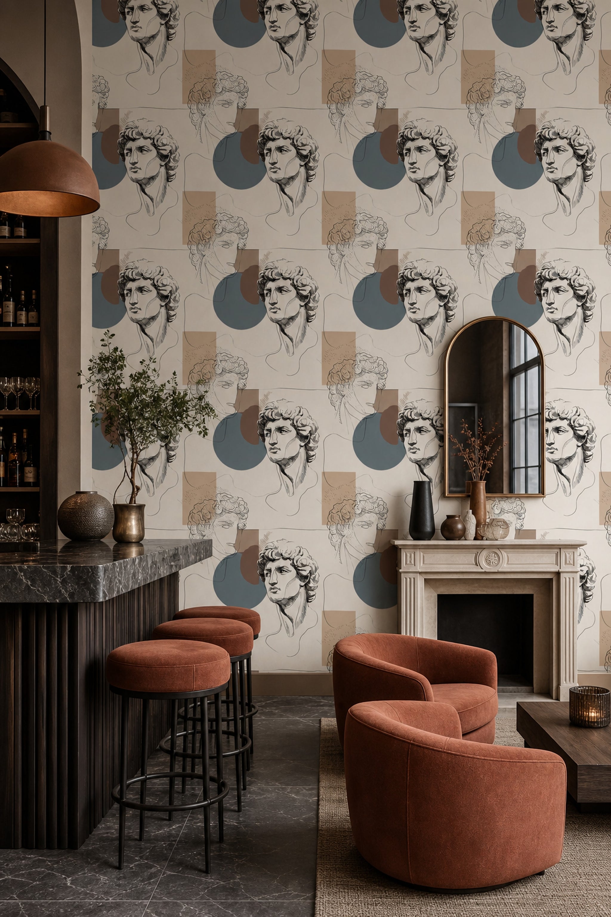Antik Heykel Çizimli Duvar Kağıdı Bej Retro Salon