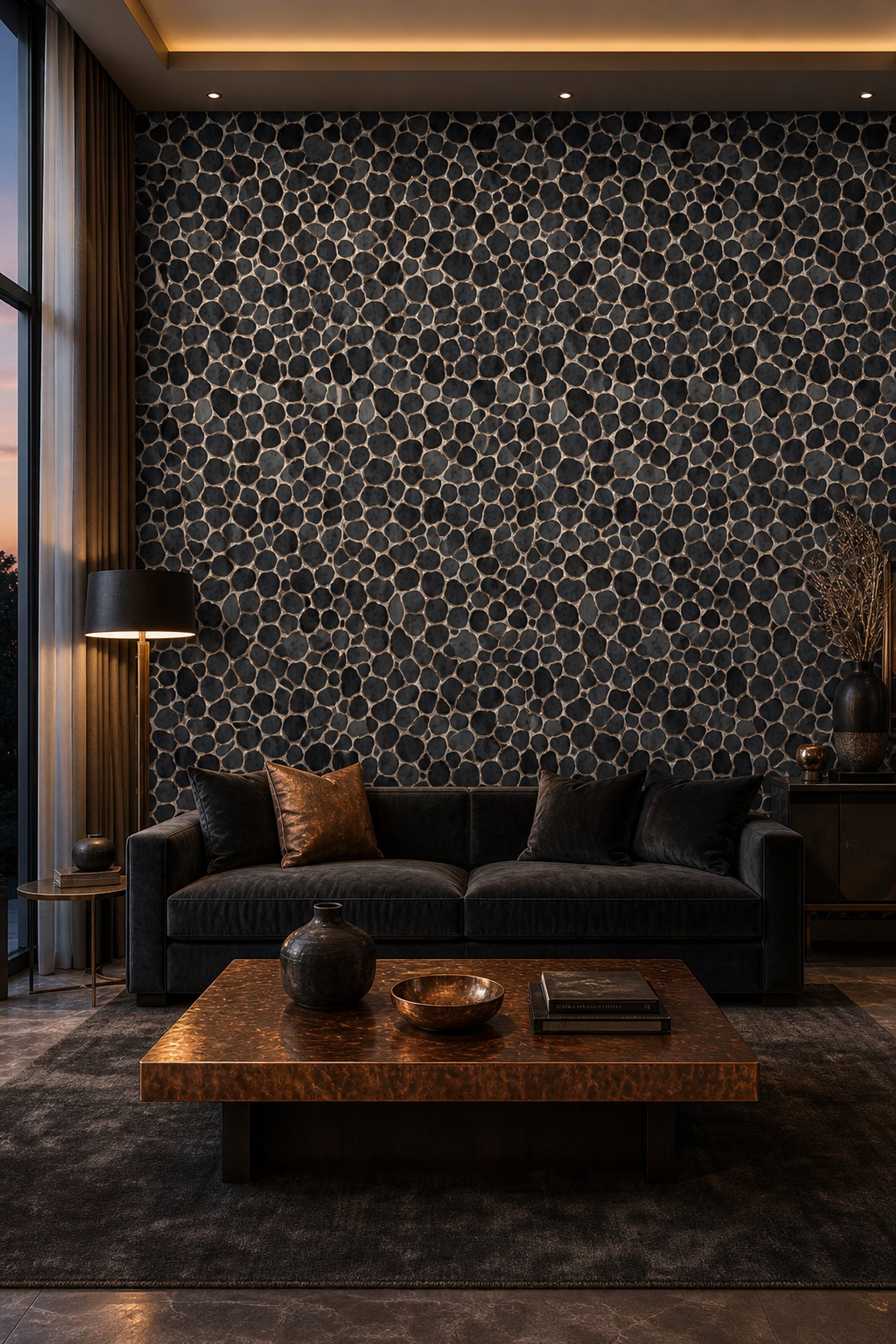Siyah Çakıl Taş Görünümlü Duvar Kağıdı Modern Salon