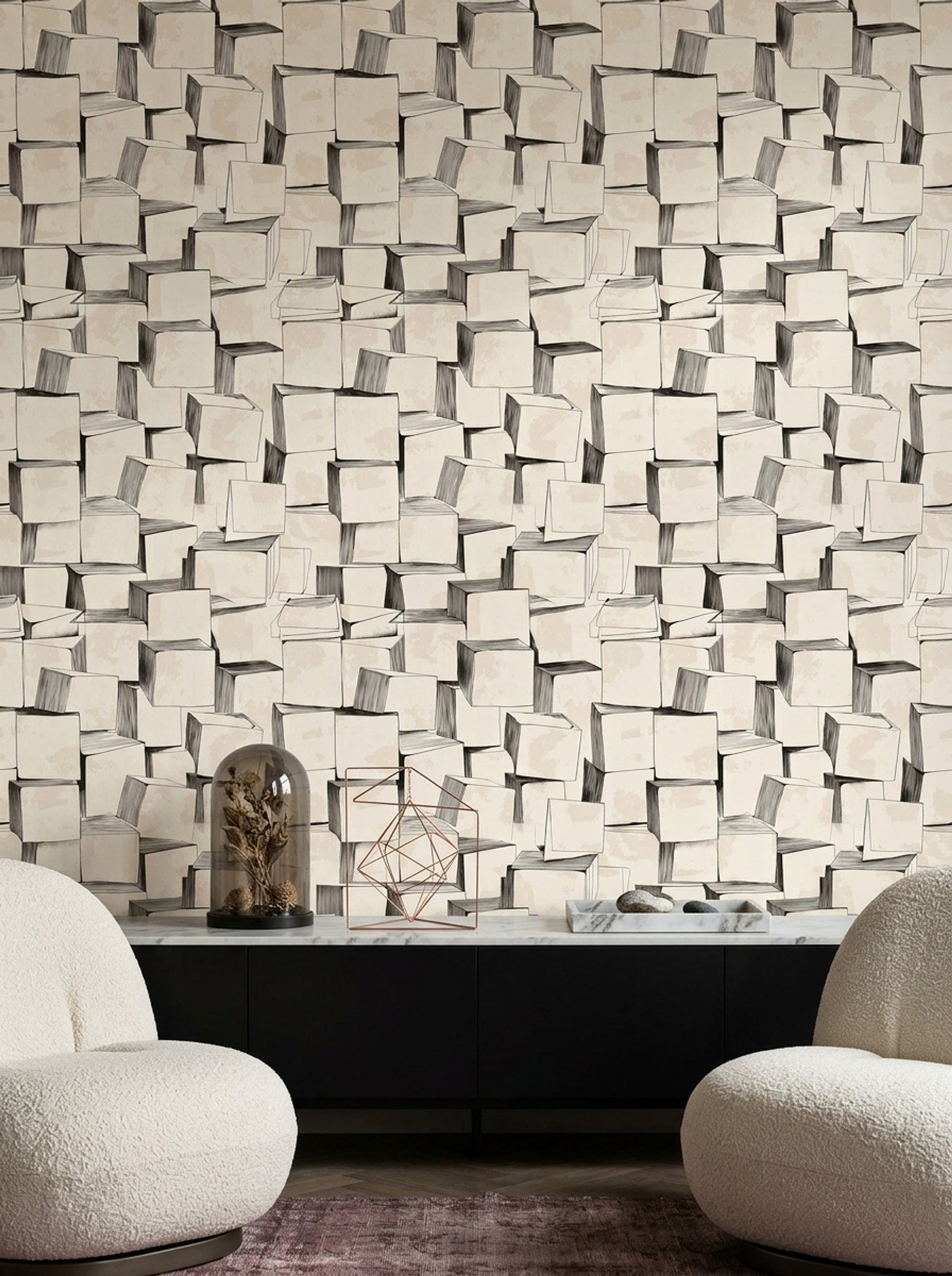 Geometrik Küp Desenli Duvar Kağıdı Bej Modern Salon