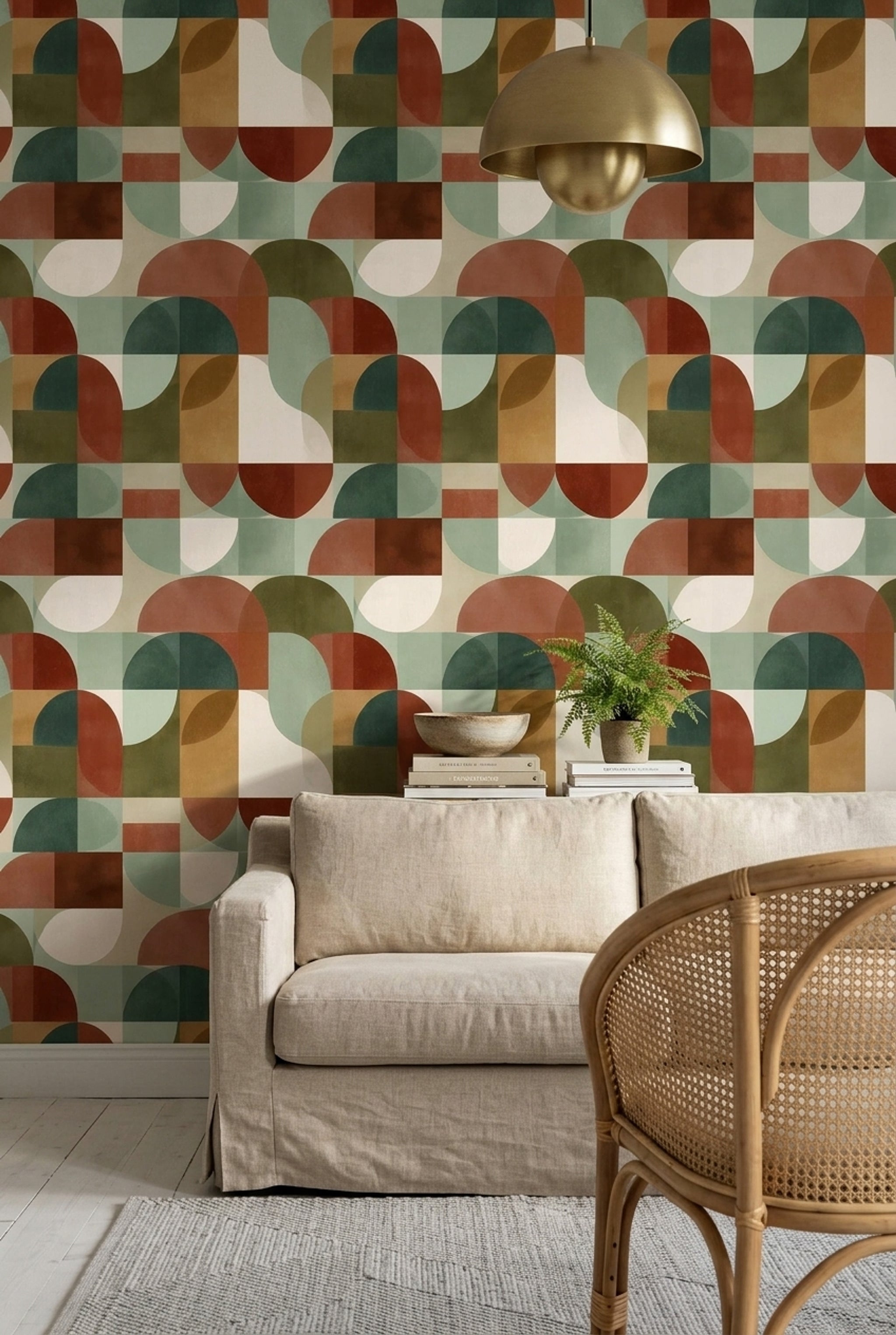 Retro Geometrik Duvar Kağıdı Yeşil Kiremit Renkli Desenli Salon