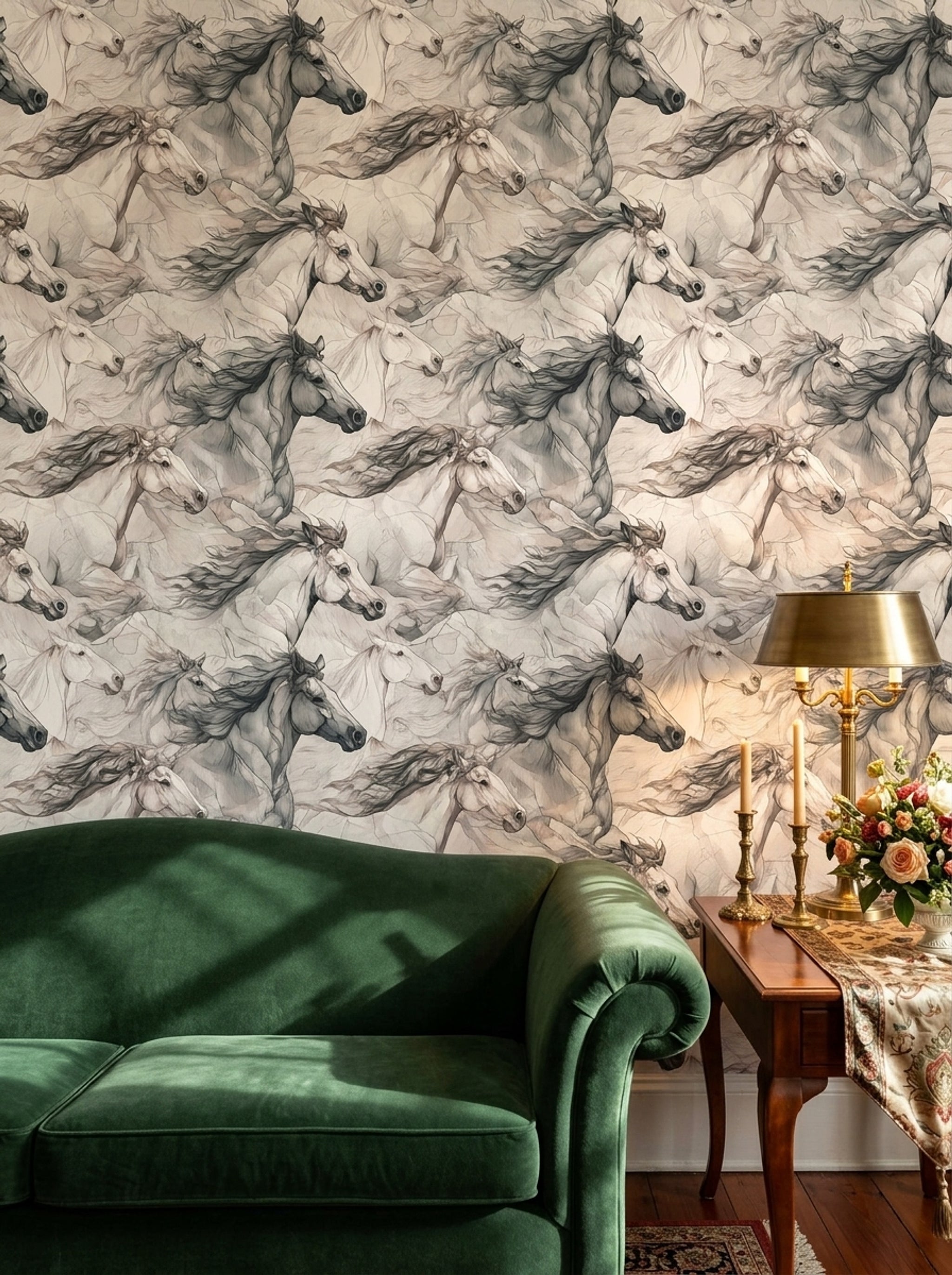Siyah Beyaz Koşan At Desenli Duvar Kağıdı Salon