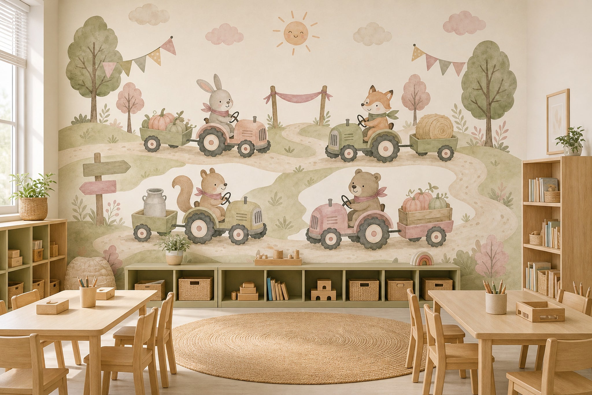 Çiftlik Hayvanlı Poster Duvar Kağıdı Pastel Yeşil Çocuk Odası