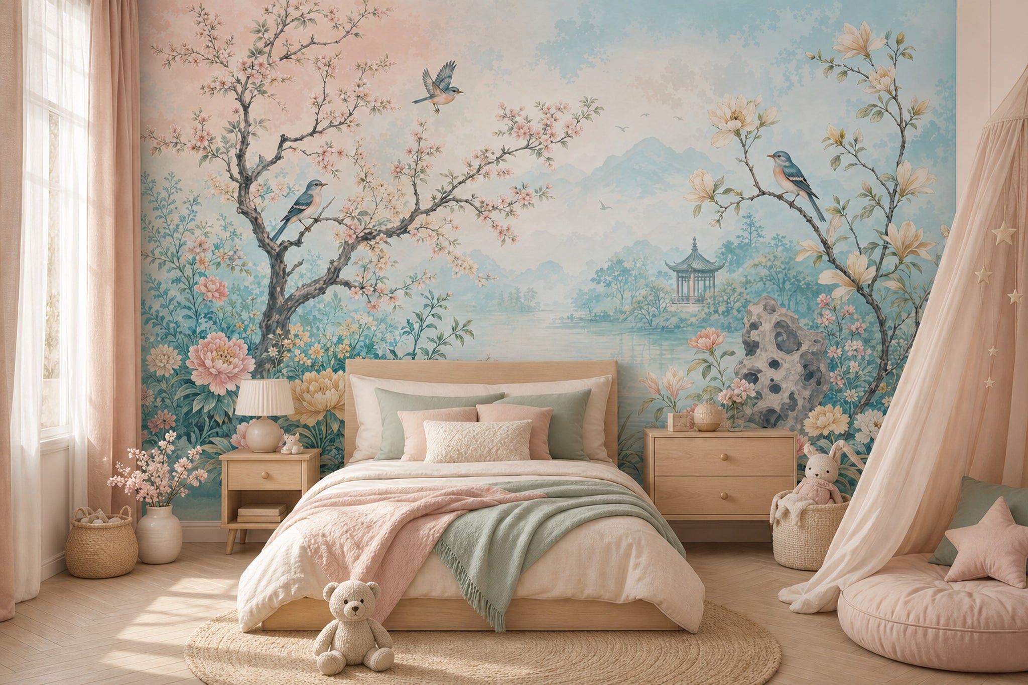 Çiçekli Kuşlu Poster Duvar Kağıdı Pastel Mavi Manzara
