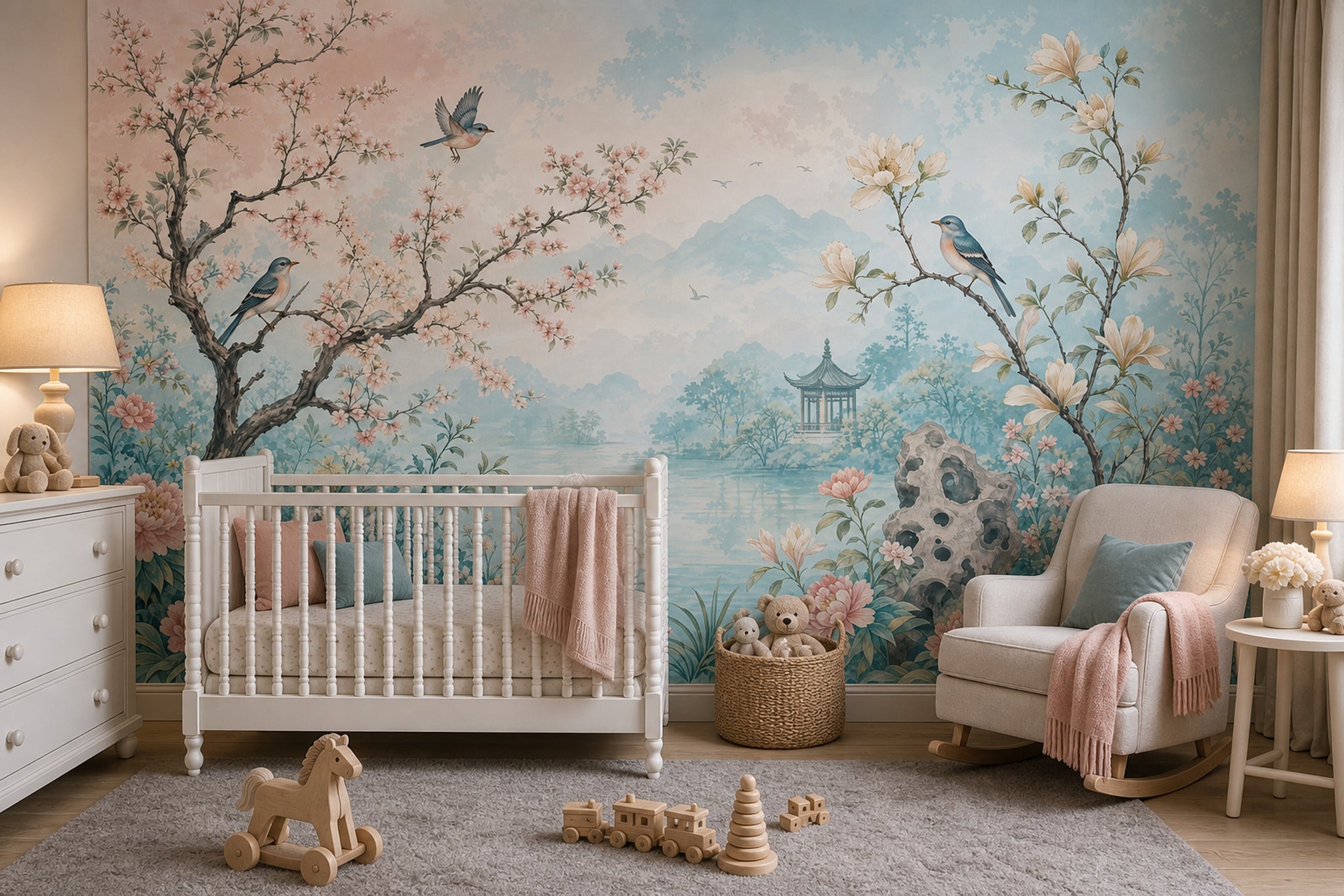 Çiçekli Kuşlu Poster Duvar Kağıdı Pastel Mavi Manzara