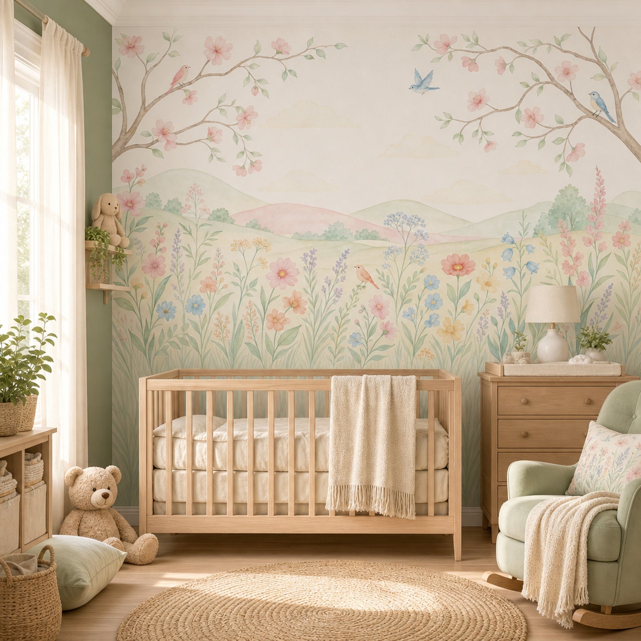 Pastel Çiçekli Kuşlu Poster Duvar Kağıdı Bebek Odası