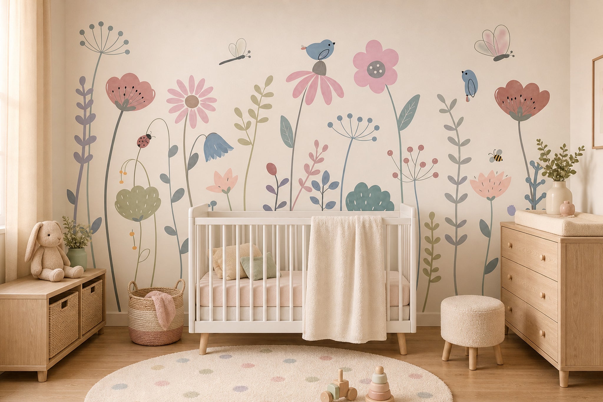 Pastel Çiçekli Kuşlu Poster Duvar Kağıdı Bebek Odası