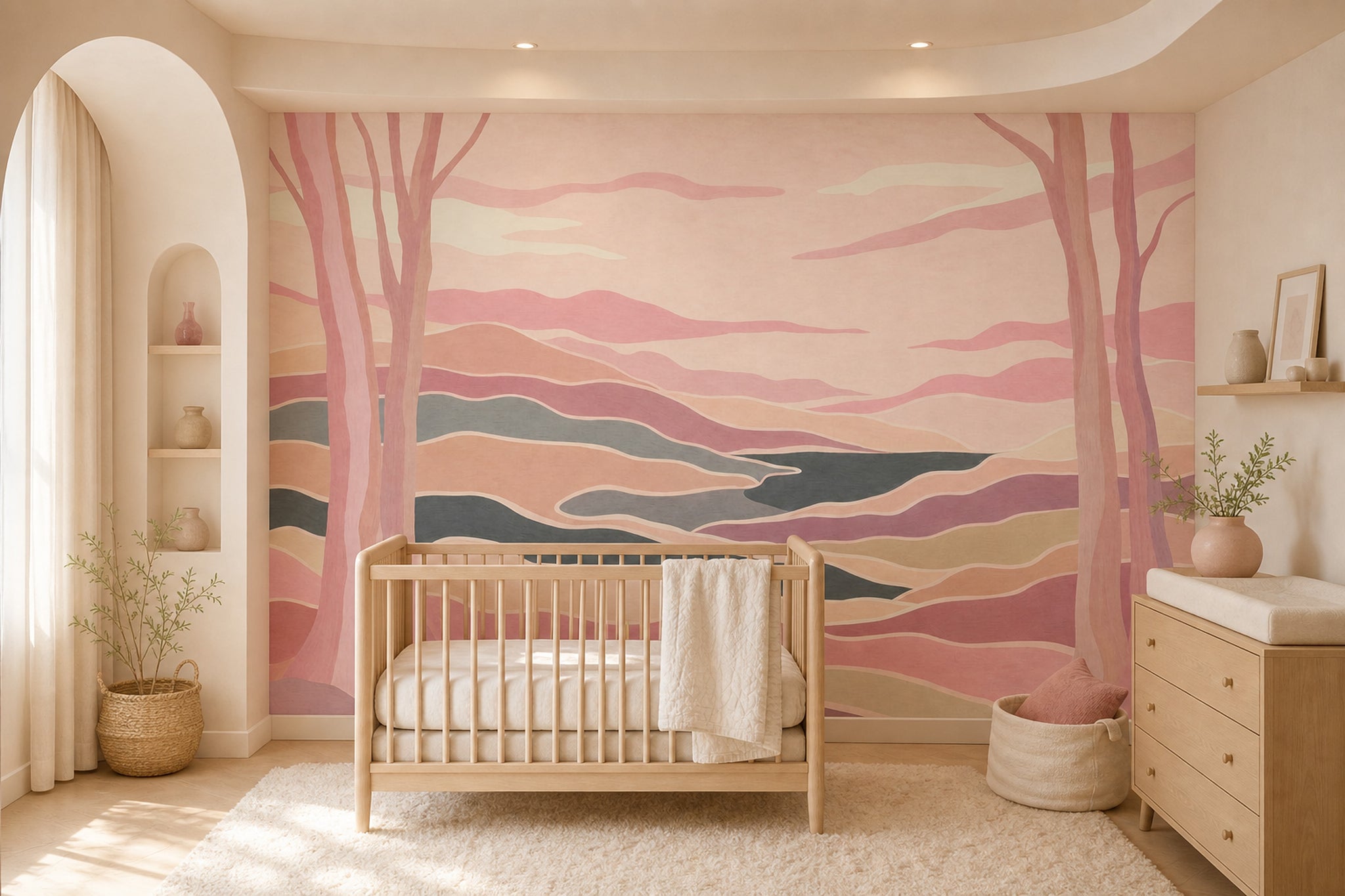 Pastel Manzara Poster Duvar Kağıdı Pembe Tonlu Salon