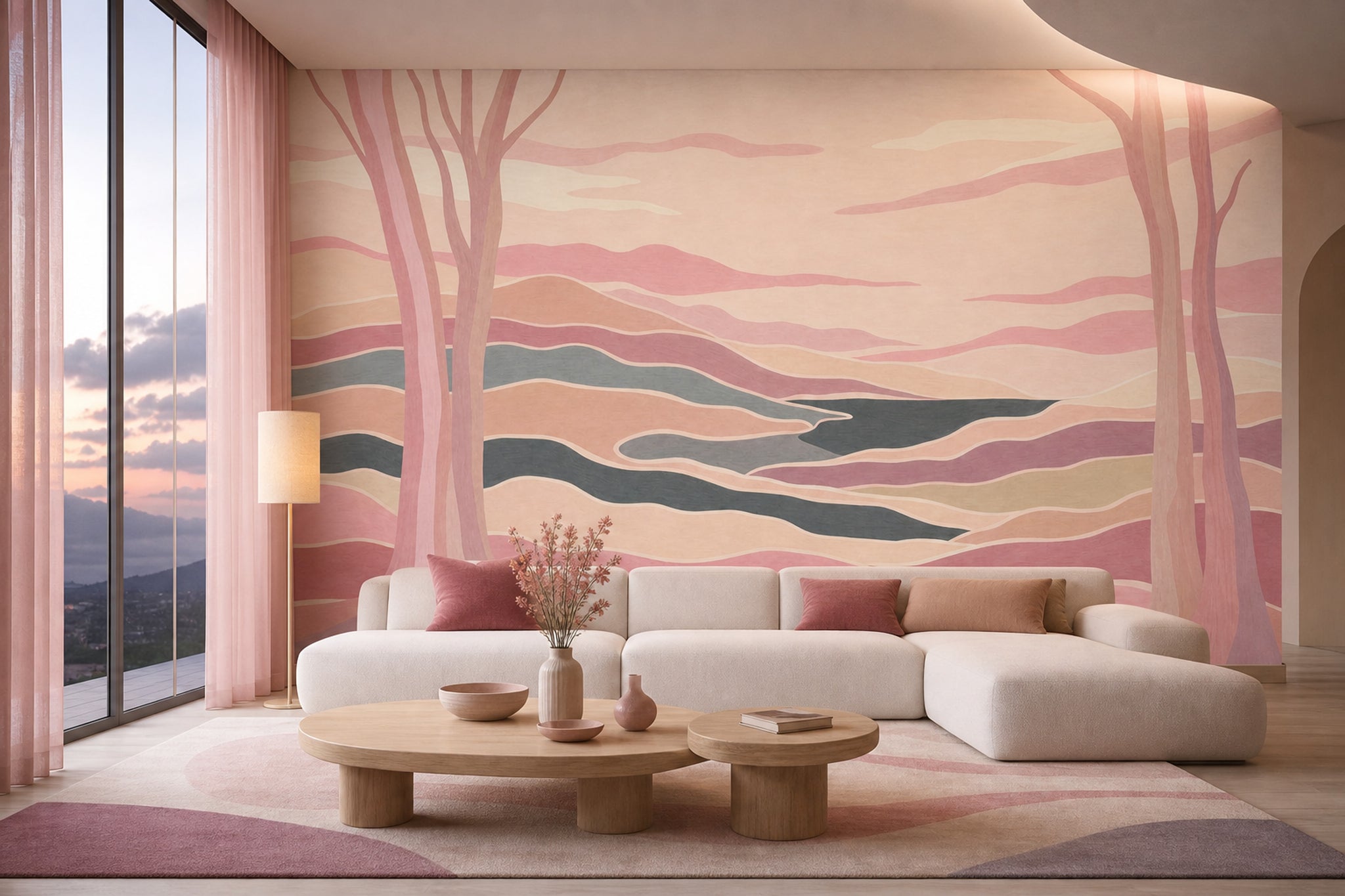 Pastel Manzara Poster Duvar Kağıdı Pembe Tonlu Salon