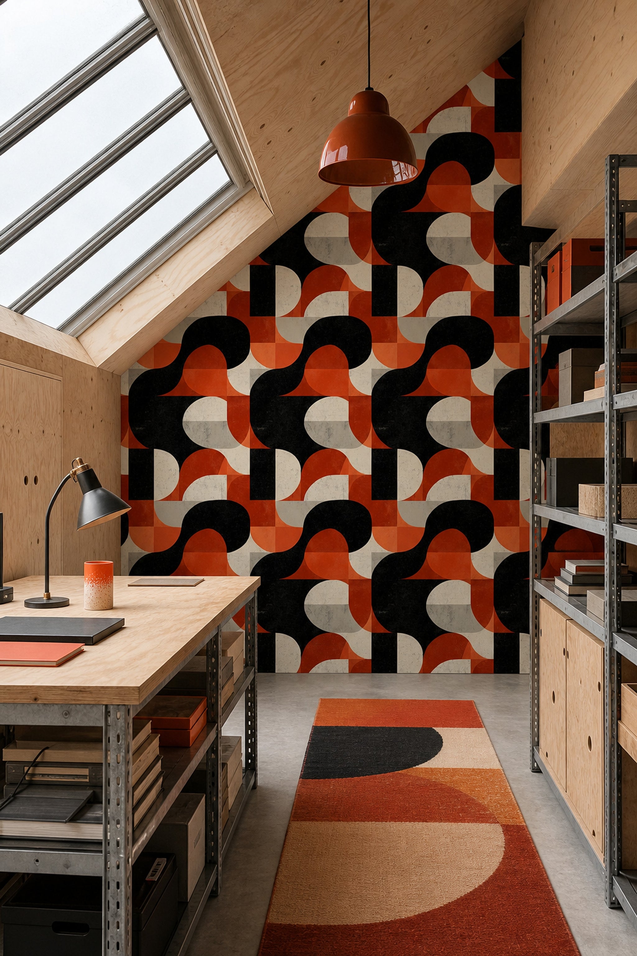 Retro Geometrik Duvar Kağıdı Turuncu Siyah Desenli Mutfak