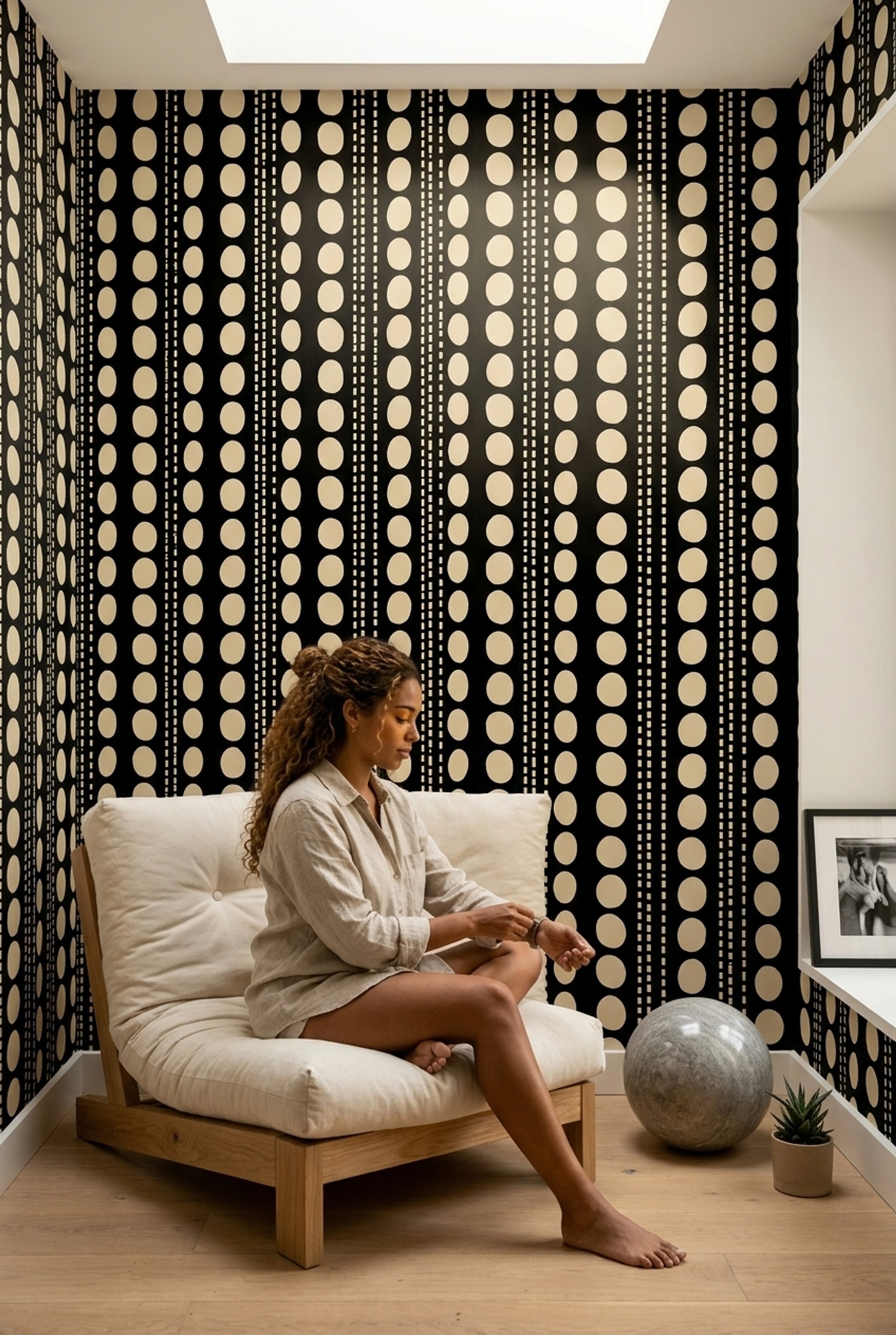Geometrik Nokta Desenli Duvar Kağıdı Siyah Bej Salon