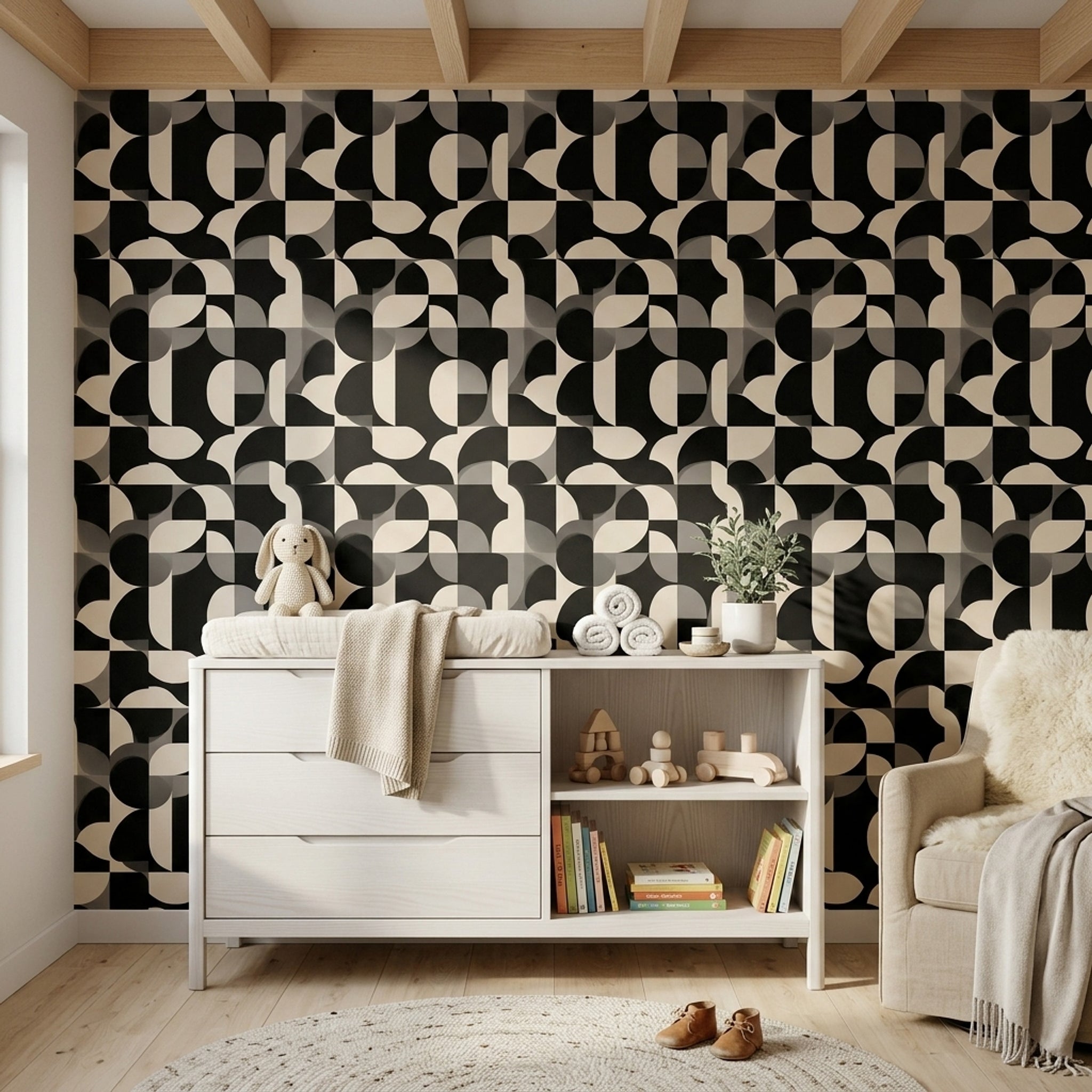 Siyah Beyaz Geometrik Duvar Kağıdı Modern Salon Desenli