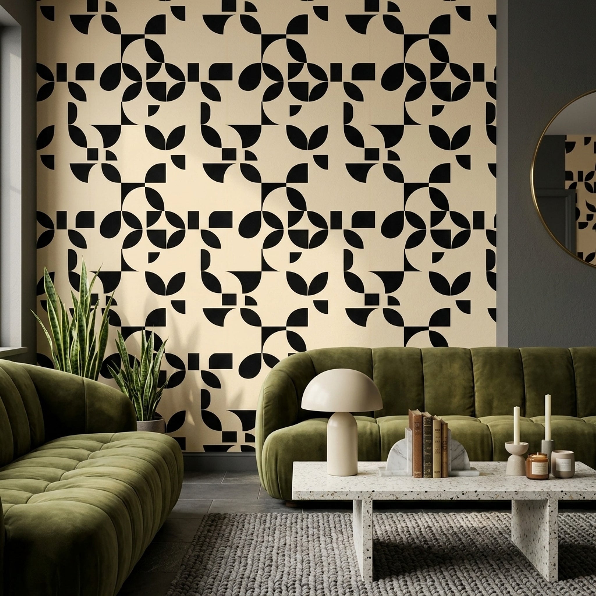 Siyah Beyaz Geometrik Duvar Kağıdı Modern Desenli Salon