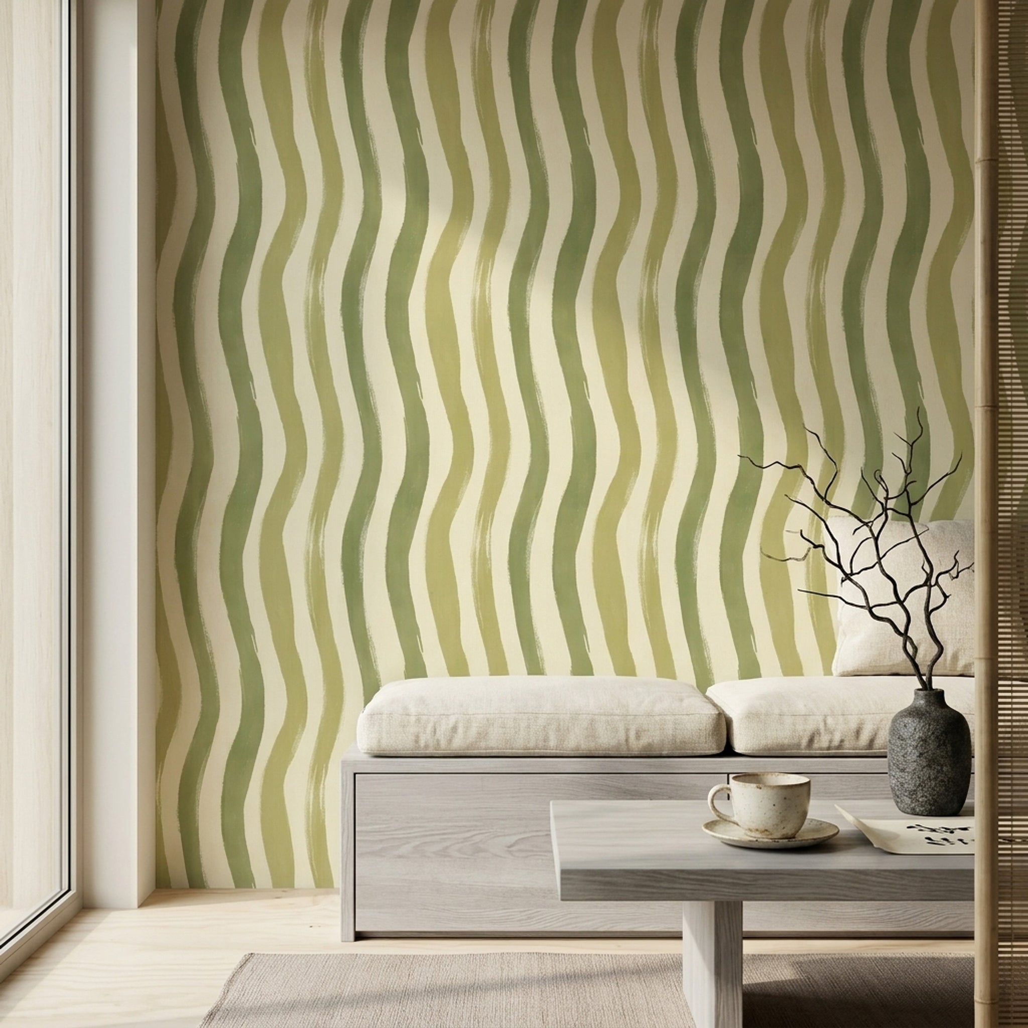 Yeşil Dalgalı Çizgili Duvar Kağıdı Modern Salon Deseni