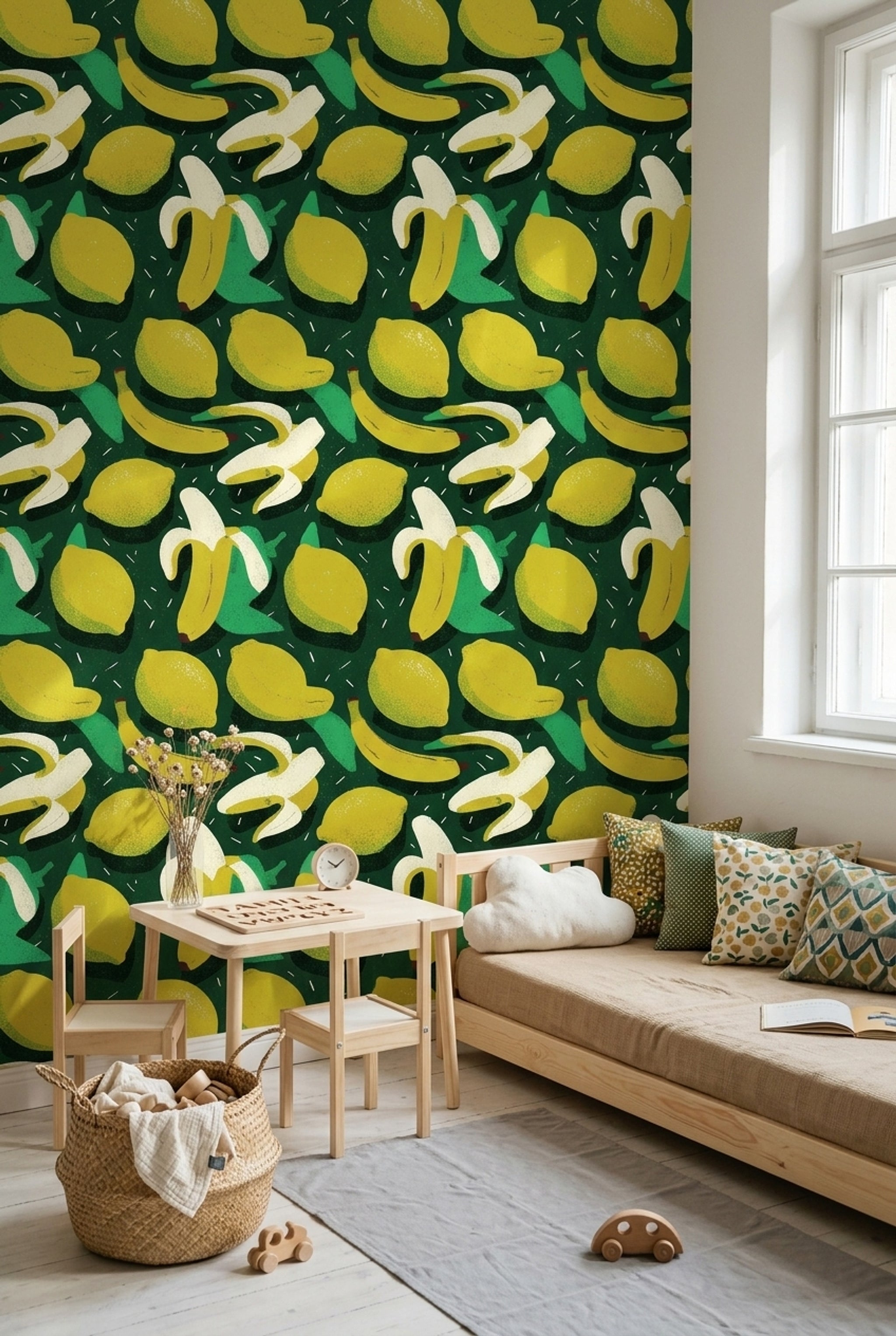 Muz ve Limon Desenli Duvar Kağıdı Yeşil Çocuk Odası